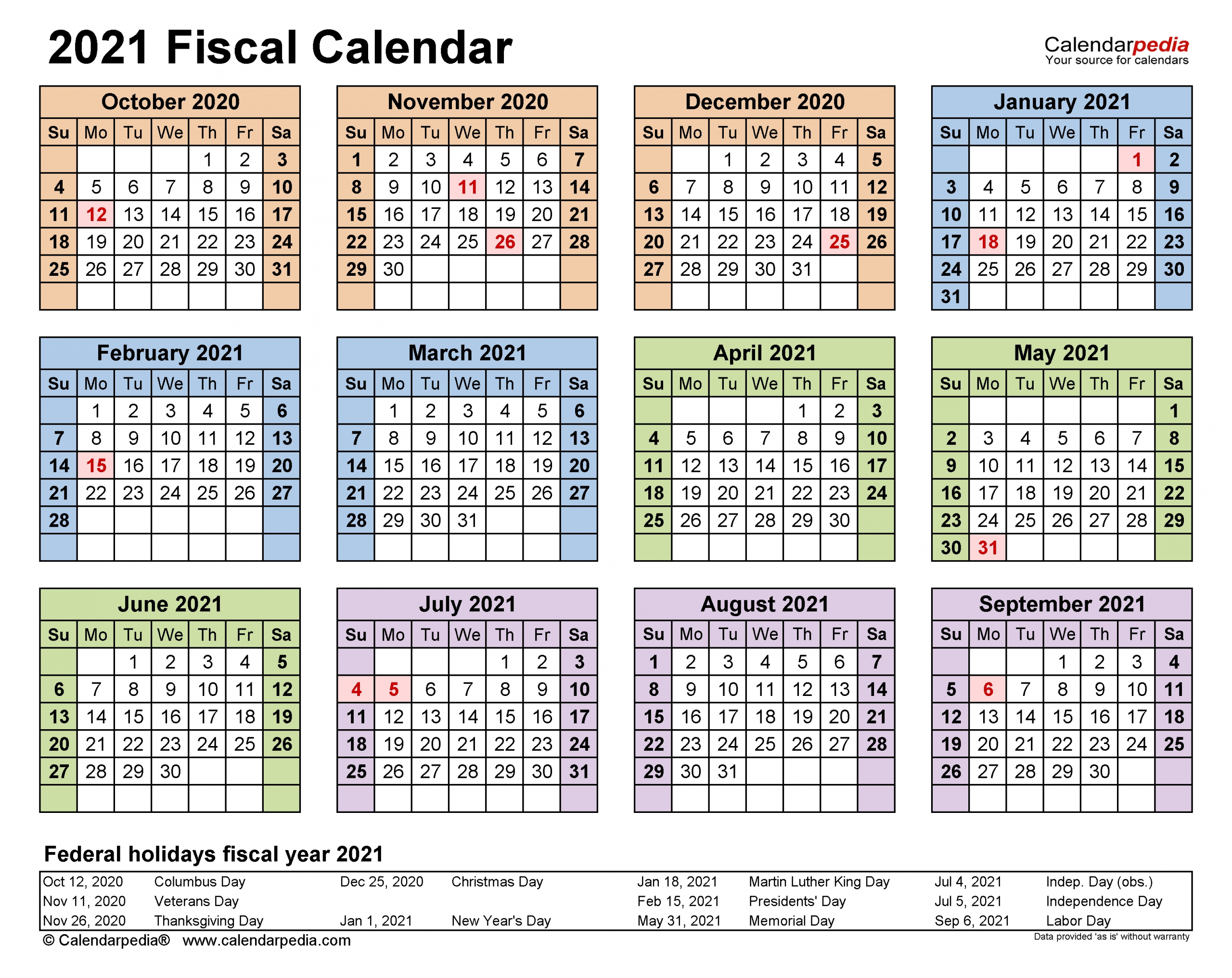 Fiscal Calendars 2021 - Free Printable Pdf Templates