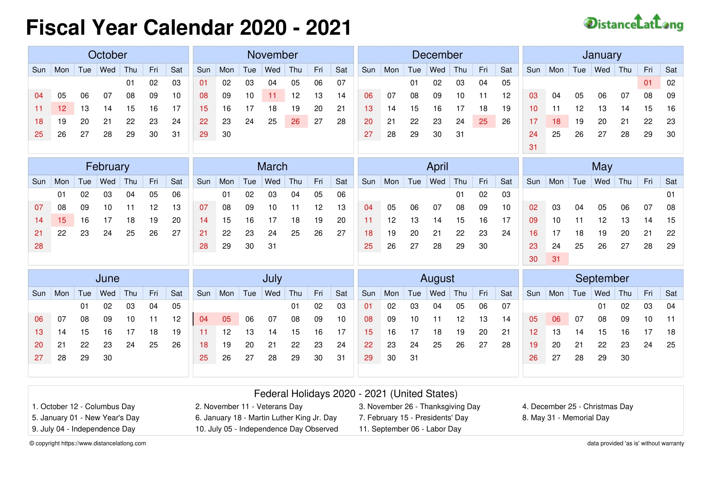 Fiscal Year 2020-2021 Calendar Templates, Free Printable