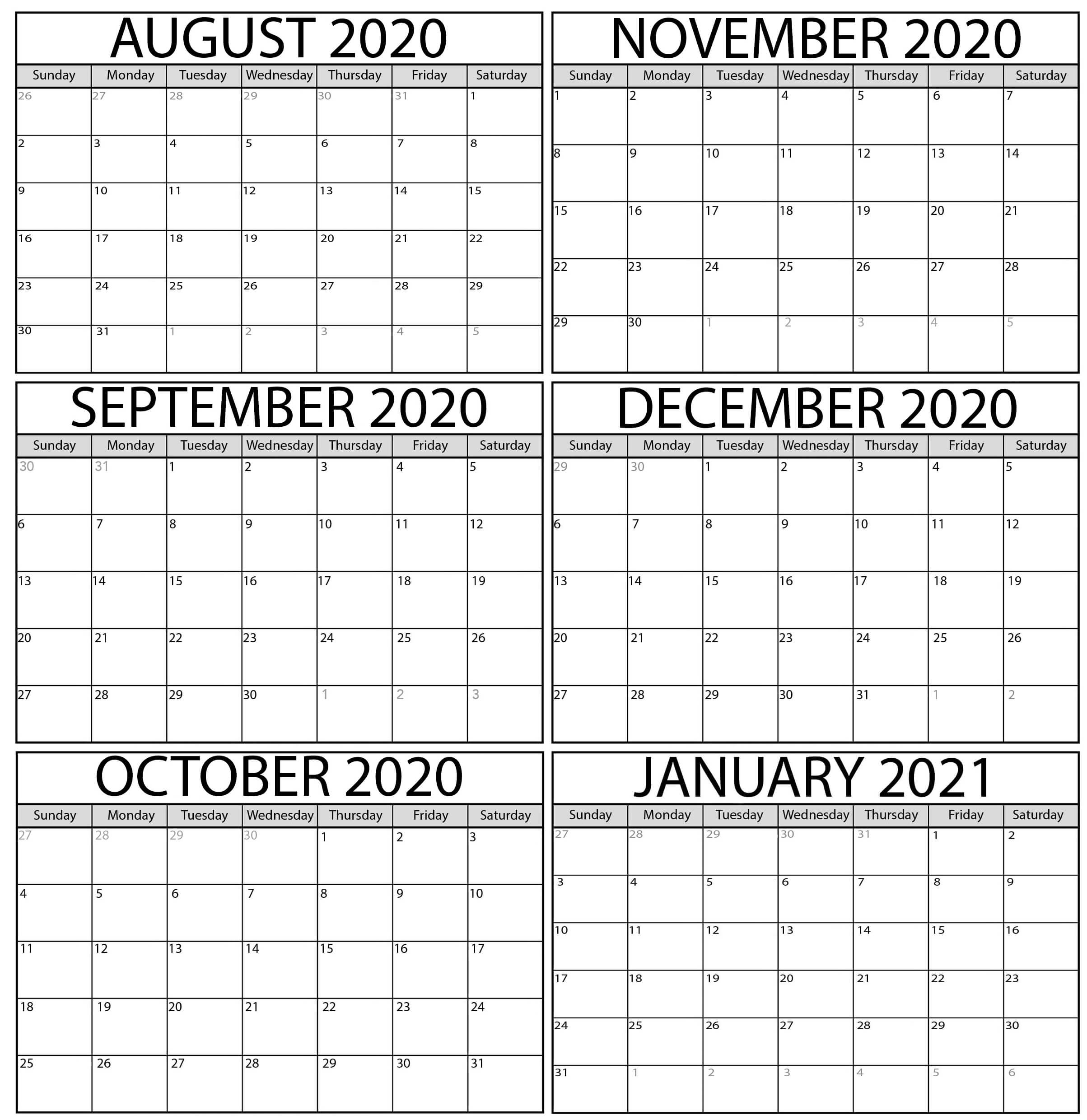 Free August 2020 To January 2021 Calendar Printable Template