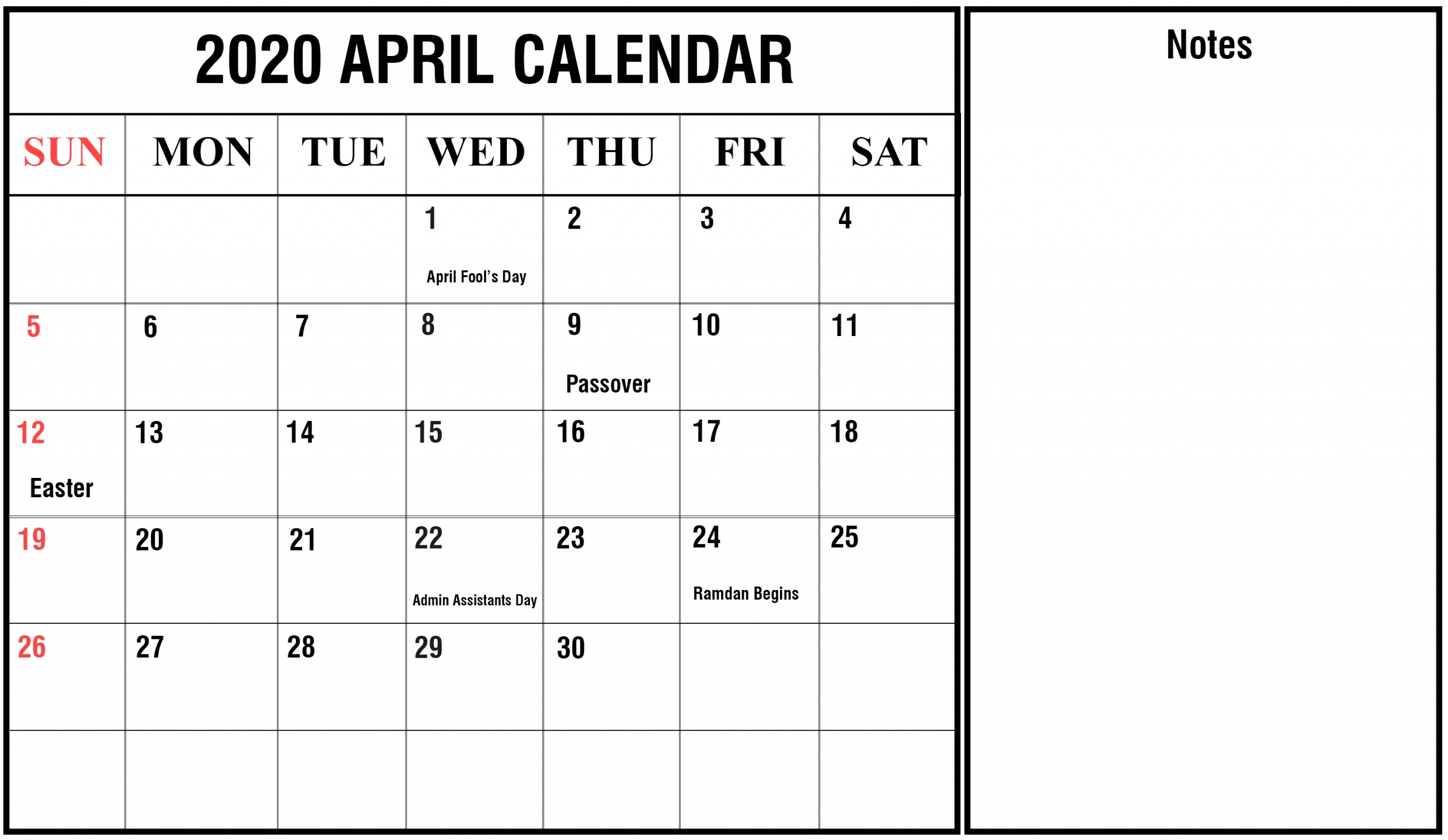 Free Blank April Calendar 2020 Printable Template Editable