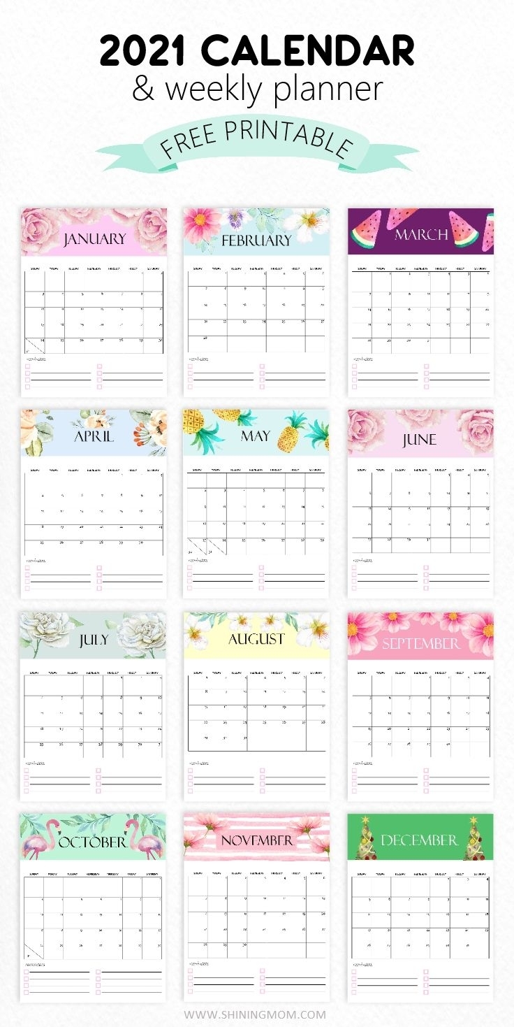 Free Calendar 2021 Printable: 12 Cute Monthly Designs To