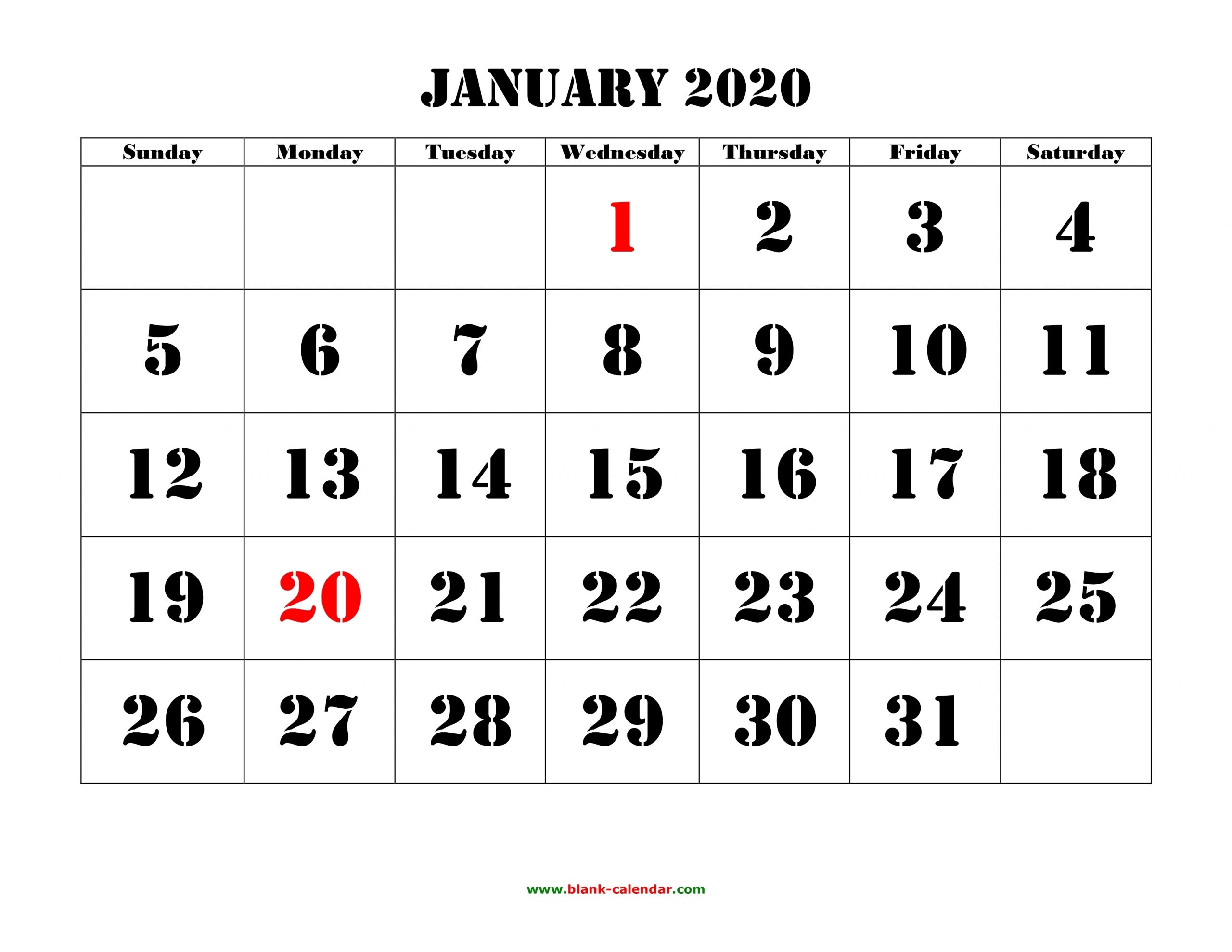 Free Download Printable Calendar 2020, Large Font Design