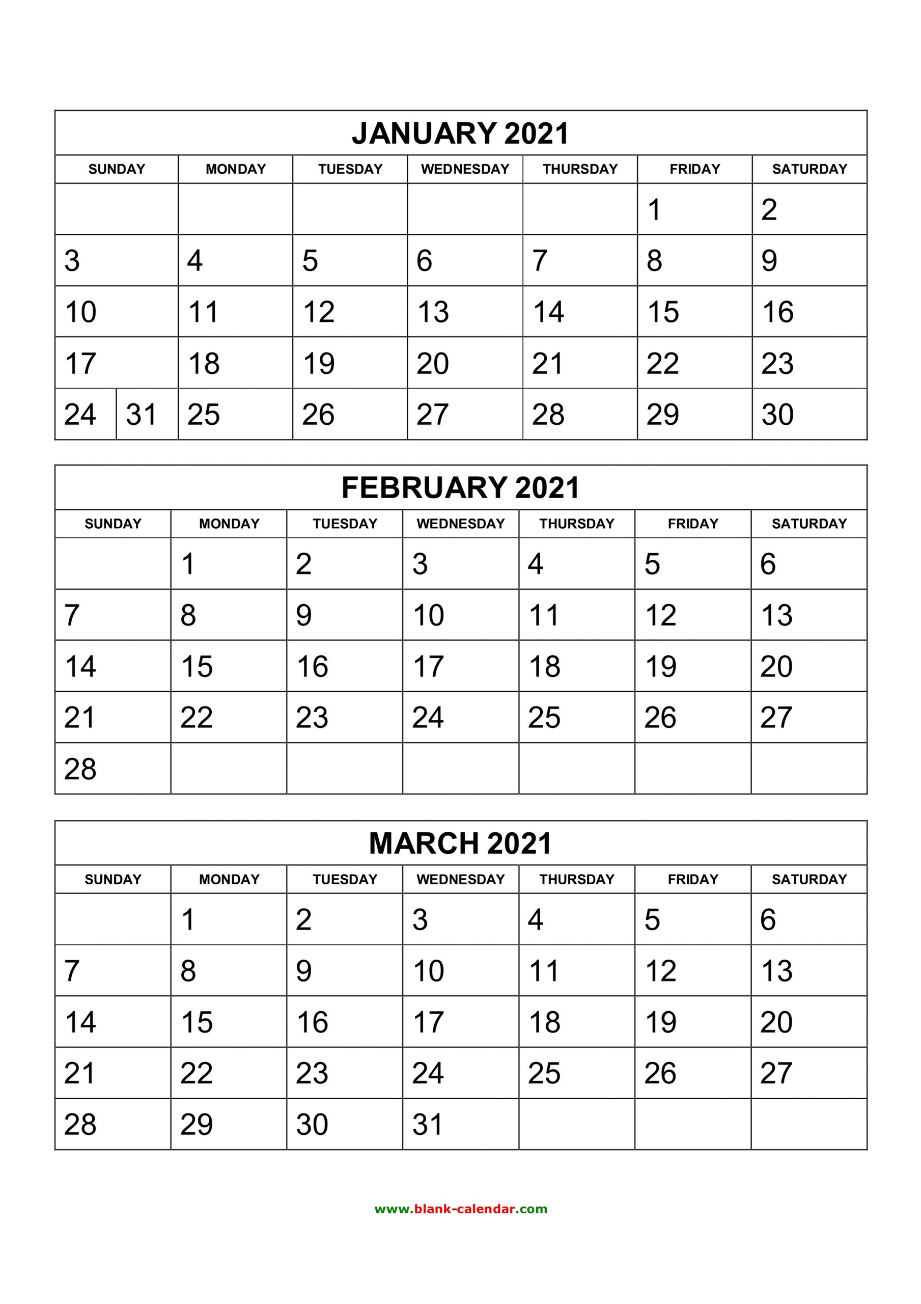 Free Download Printable Calendar 2021, 3 Months Per Page, 4