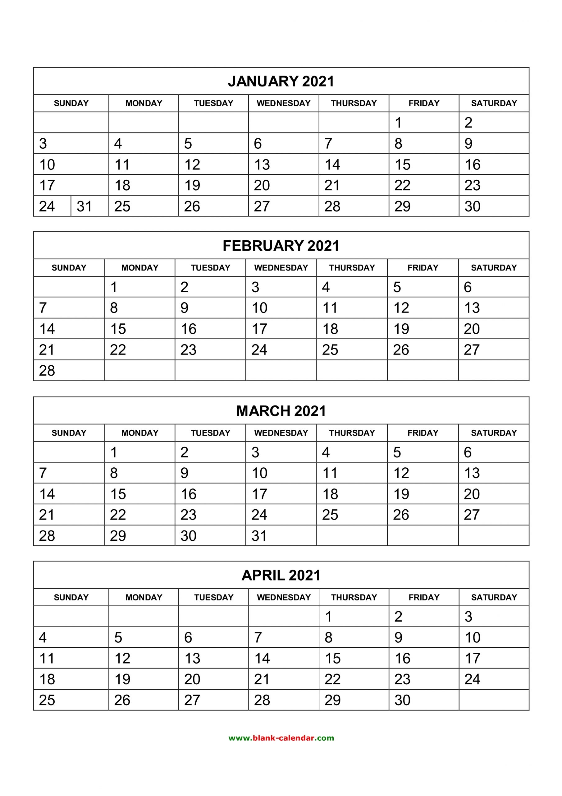 Free Download Printable Calendar 2021, 4 Months Per Page, 3