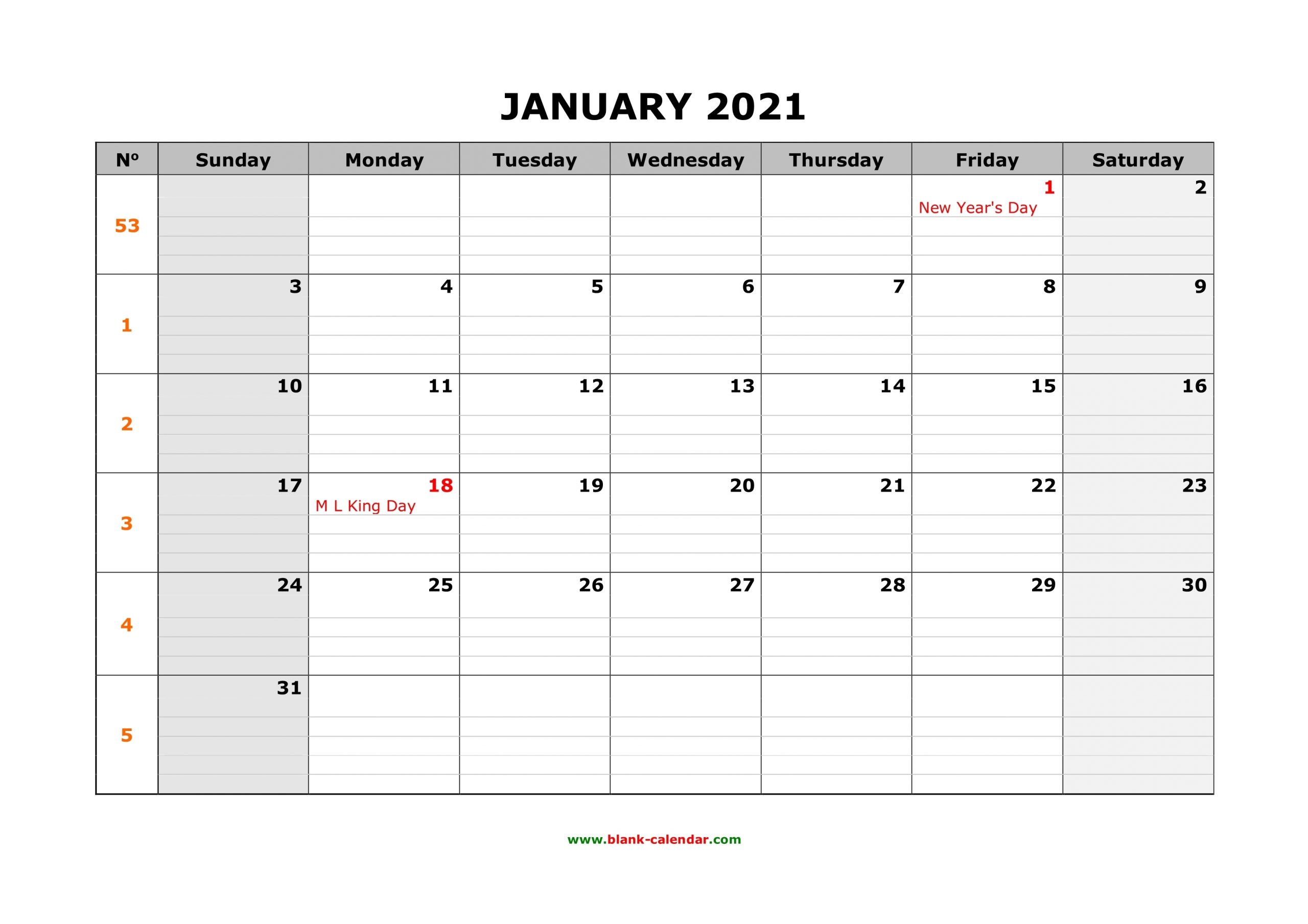 Free Download Printable Calendar 2021, Large Box Grid, Space