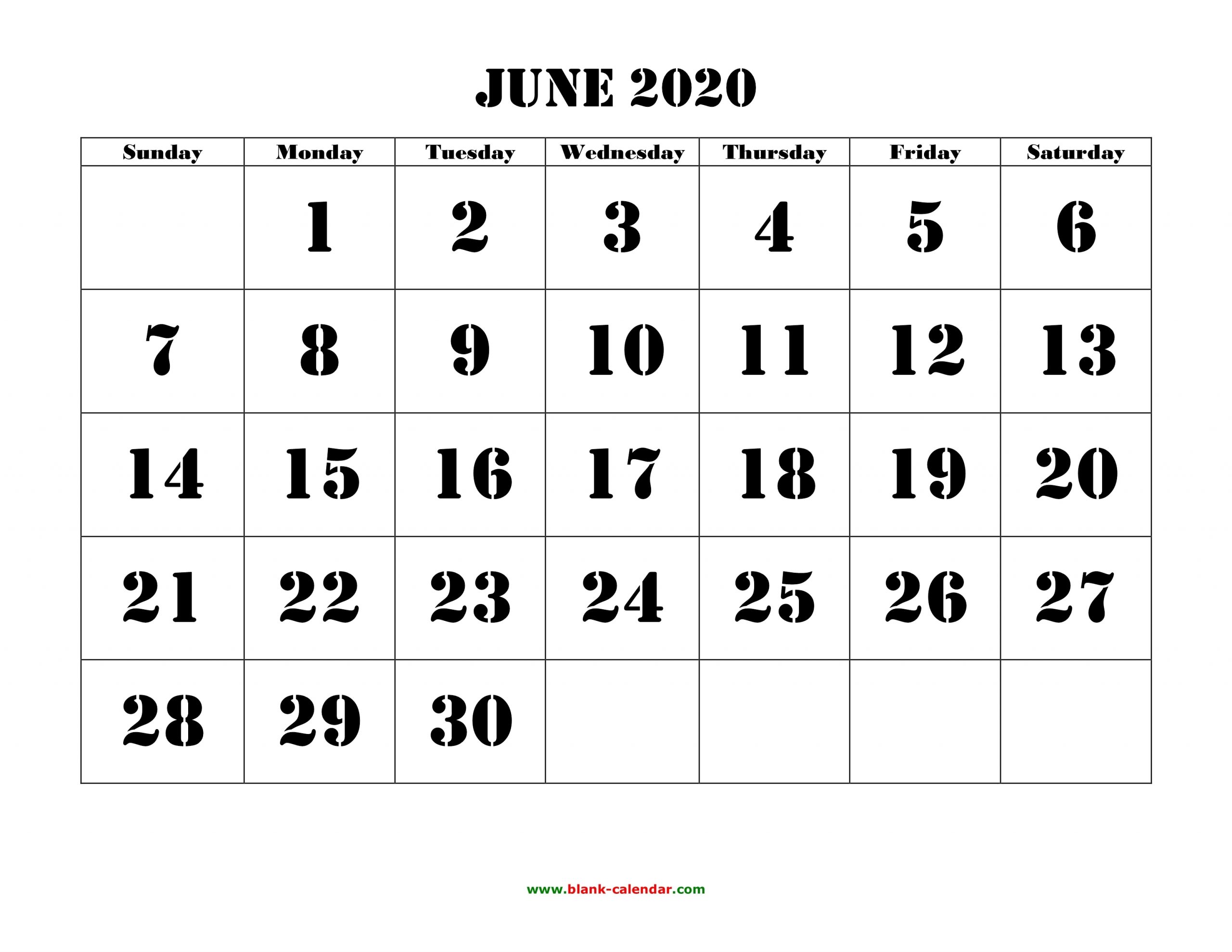 Free Download Printable June 2020 Calendar, Large Font