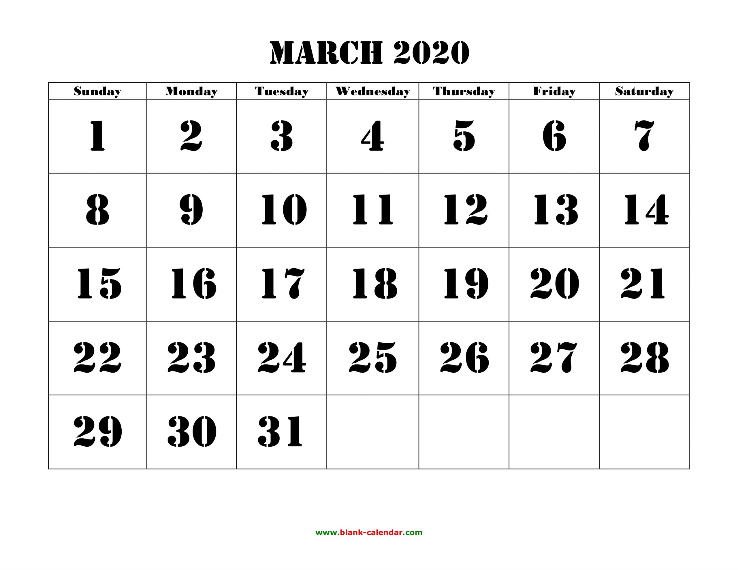 Free Download Printable March 2020 Calendar, Large Font