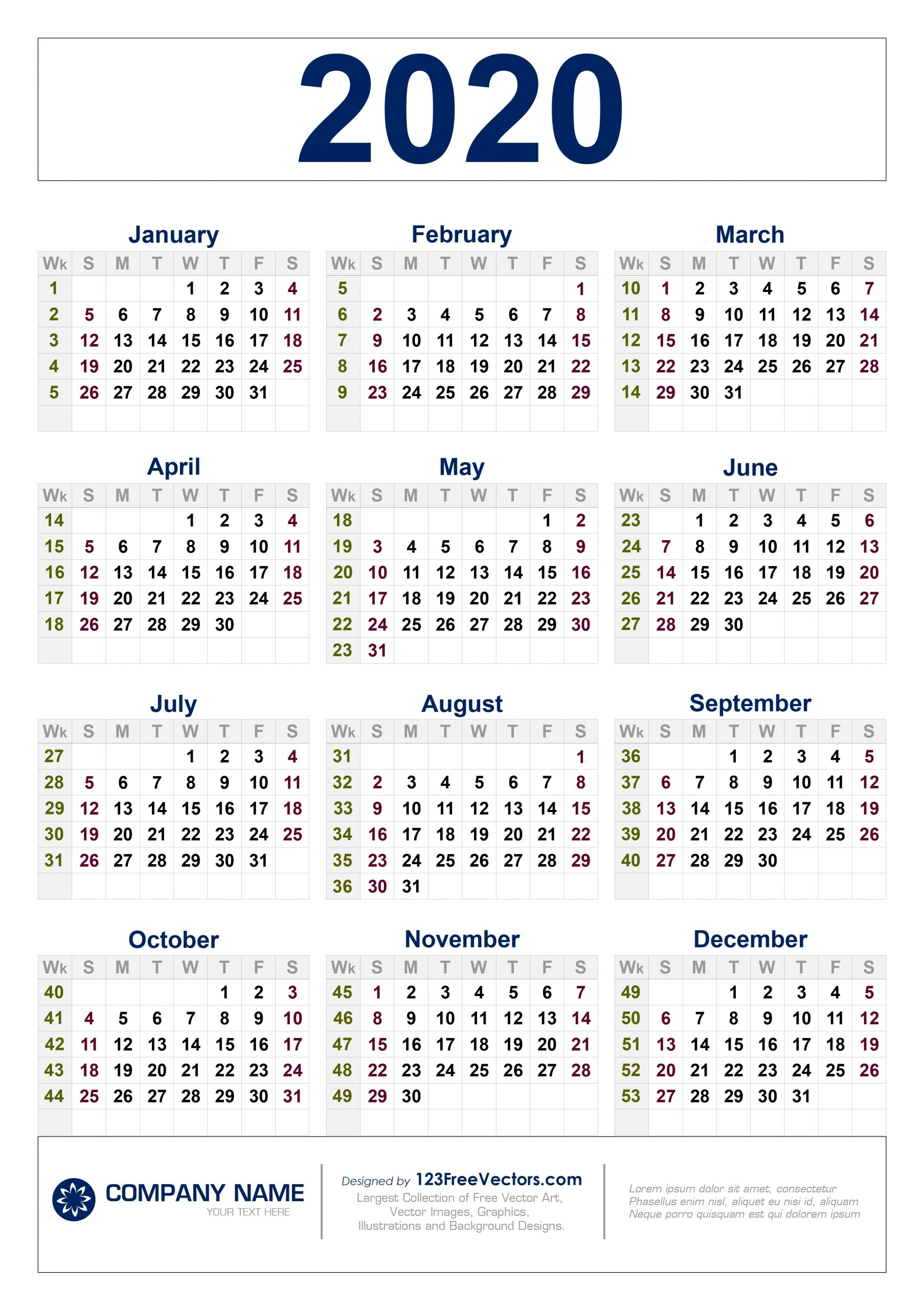 Free Free Download 2020 Calendar With Week Numbers