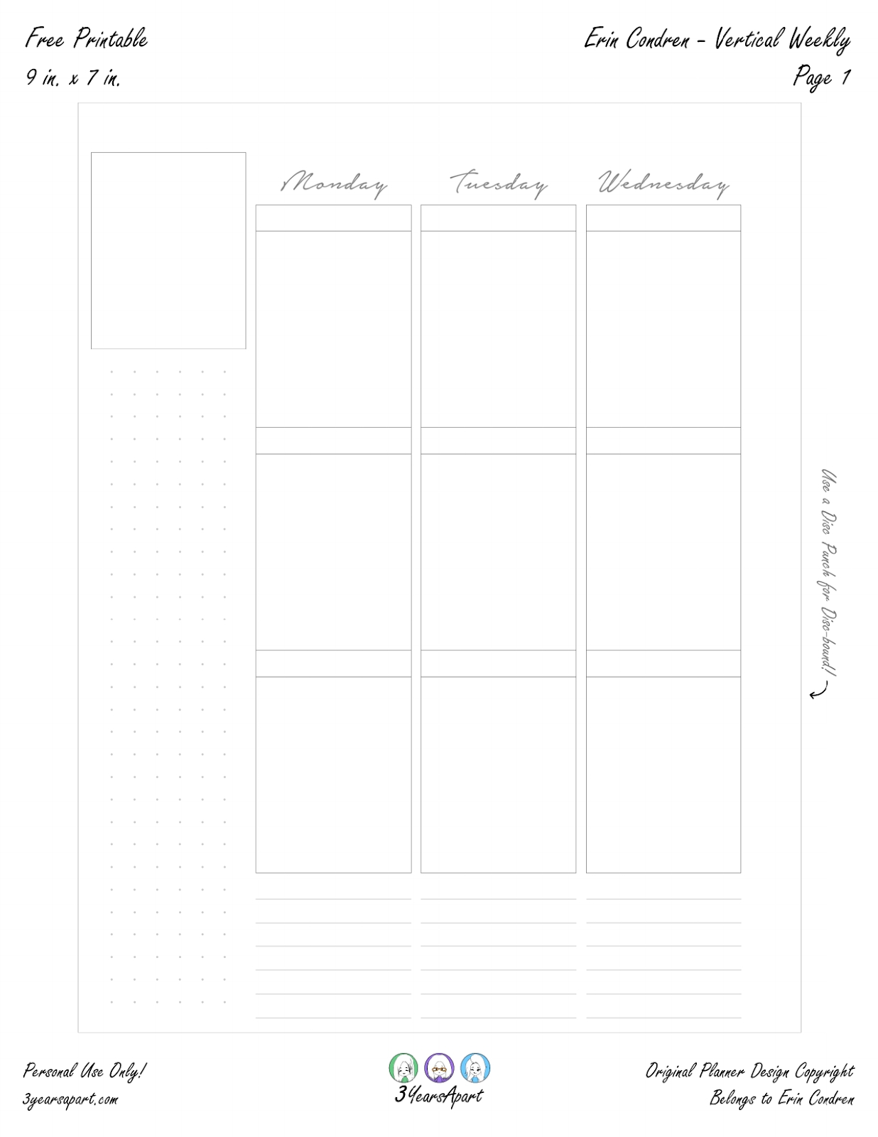 Free Planner Printable - Vertical Weekly Inserts - Ring