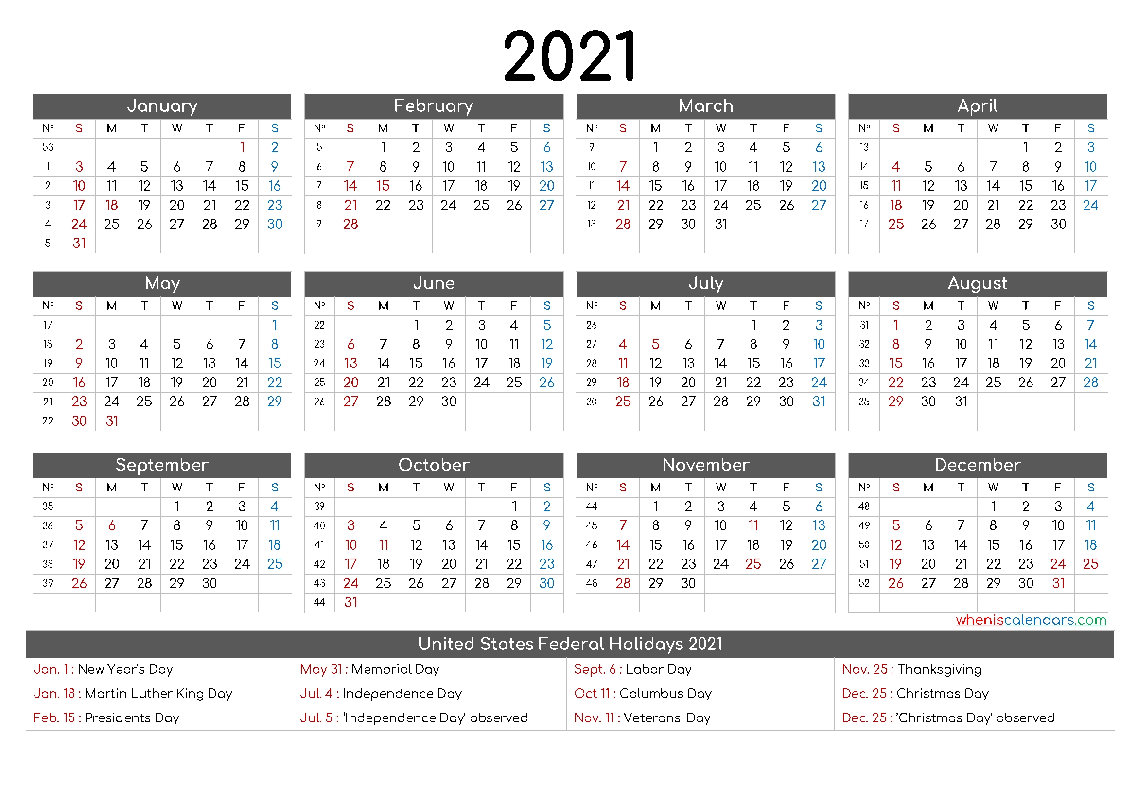Free Printable 12 Month Calendar 2021 – 12 Templates – Free