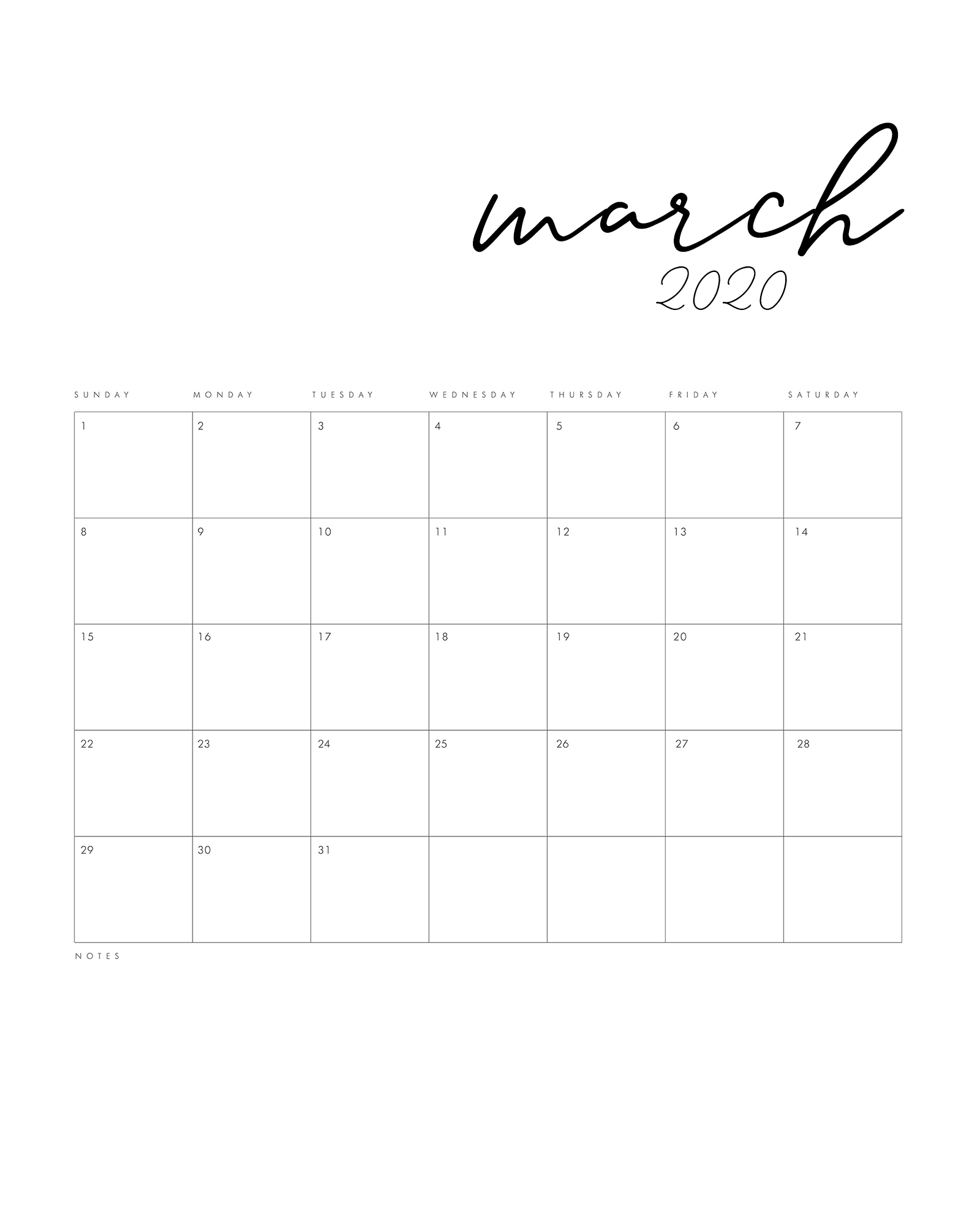 Free Printable 2020 Minimal Calendar - The Cottage Market