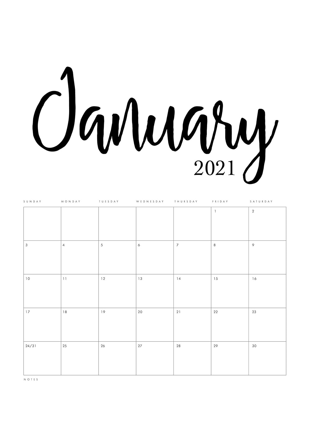 Free Printable 2021 Minimalist Calendar - The Cottage Market