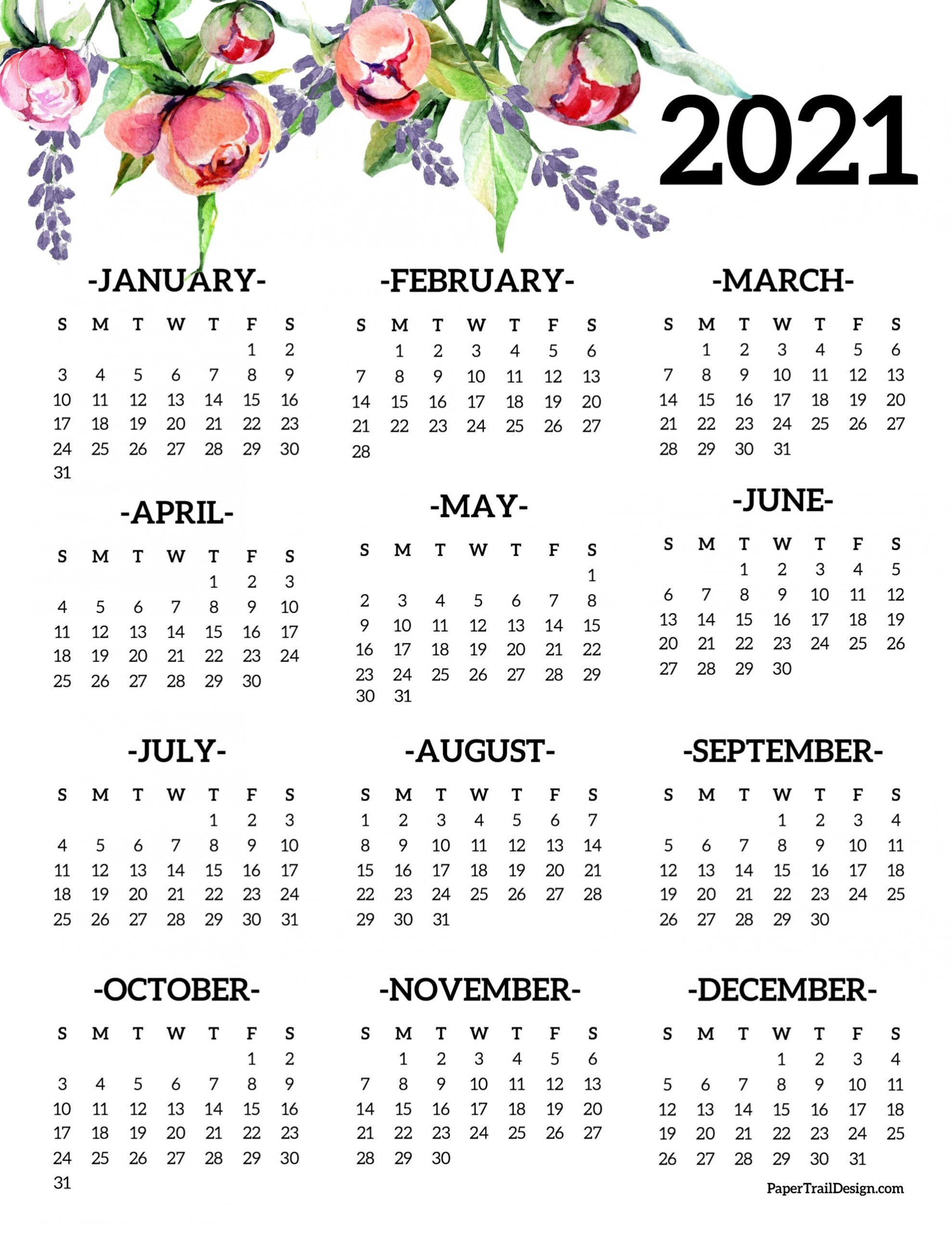 Free Printable 2021 One Page Floral Calendar | Paper Trail