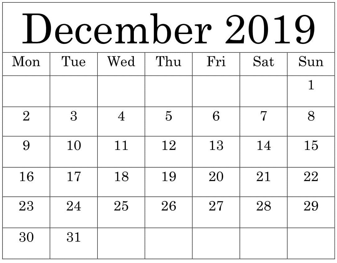 Free Printable December 2019 Calendar Worksheets Template