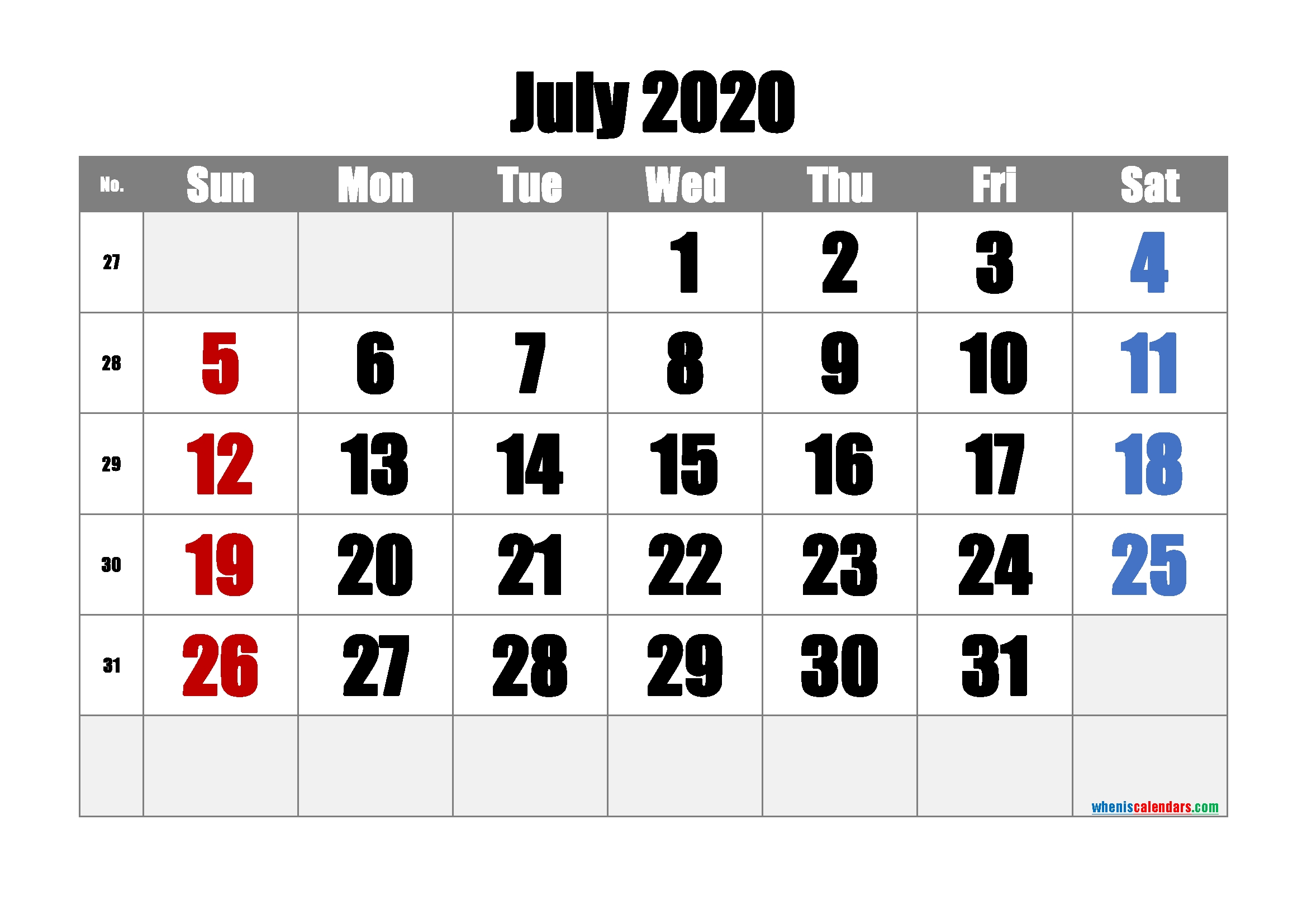 Free Printable July 2020 Calendar With Week Numbers – Free