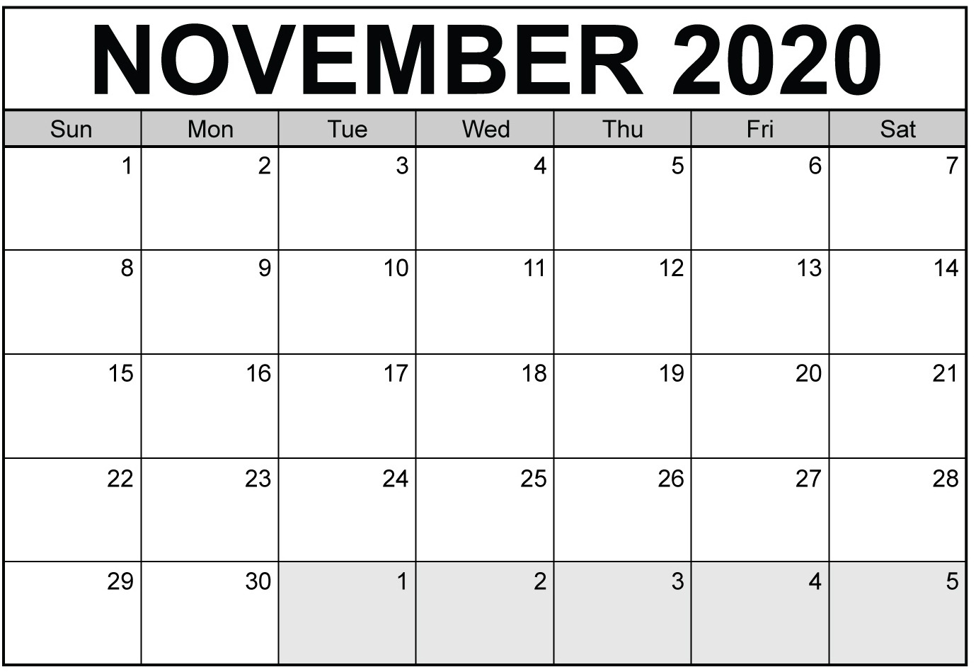 Free Printable November 2020 Calendar With Blank Notes - Set