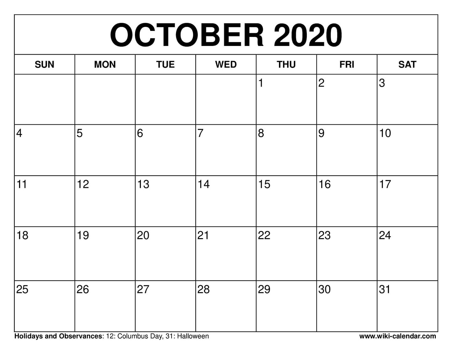 Free Printable October 2020 Calendars