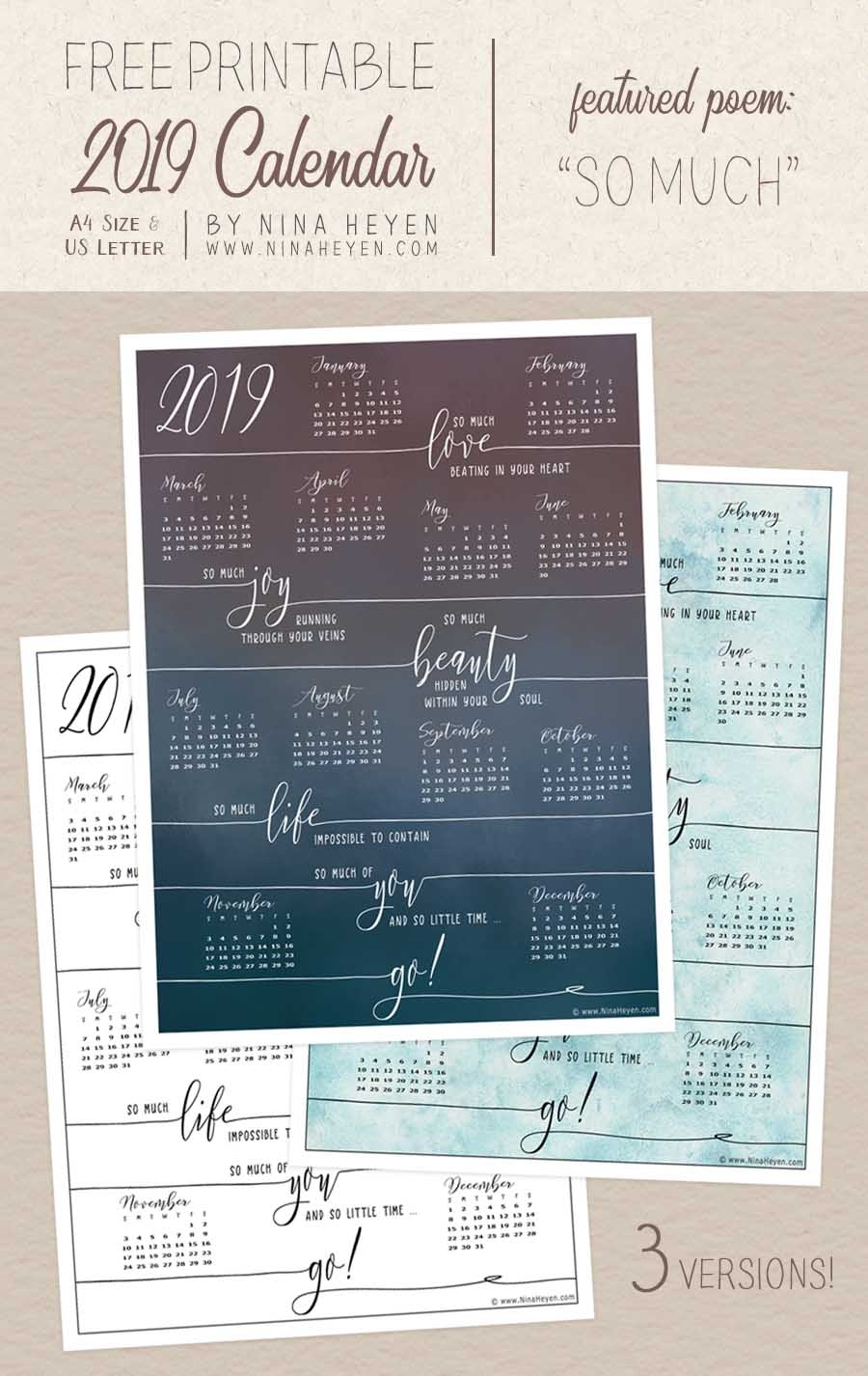 Free Printable Poetry Calendar 2019 | Nina Heyen