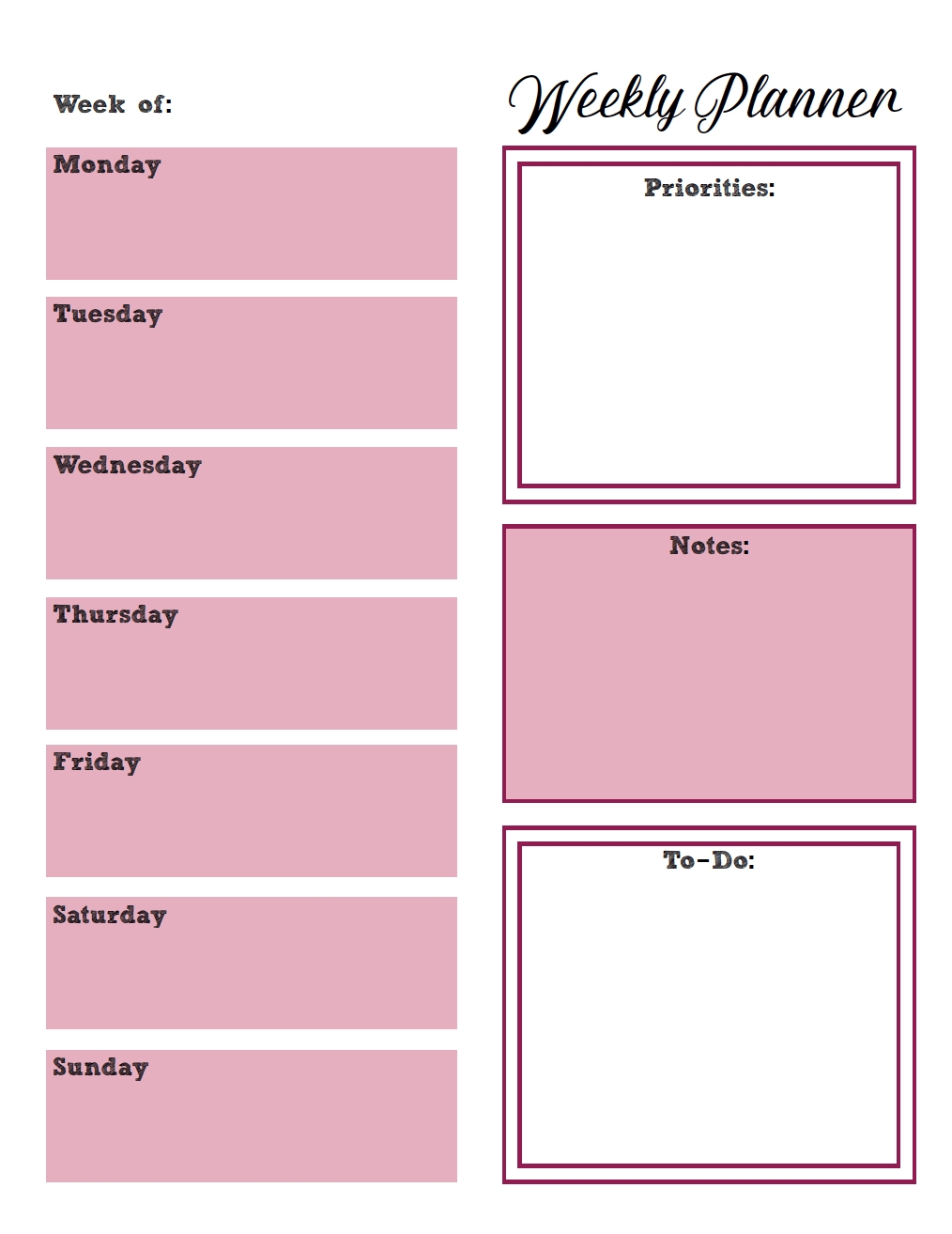 Free Printable Weekly Planners: Monday Start