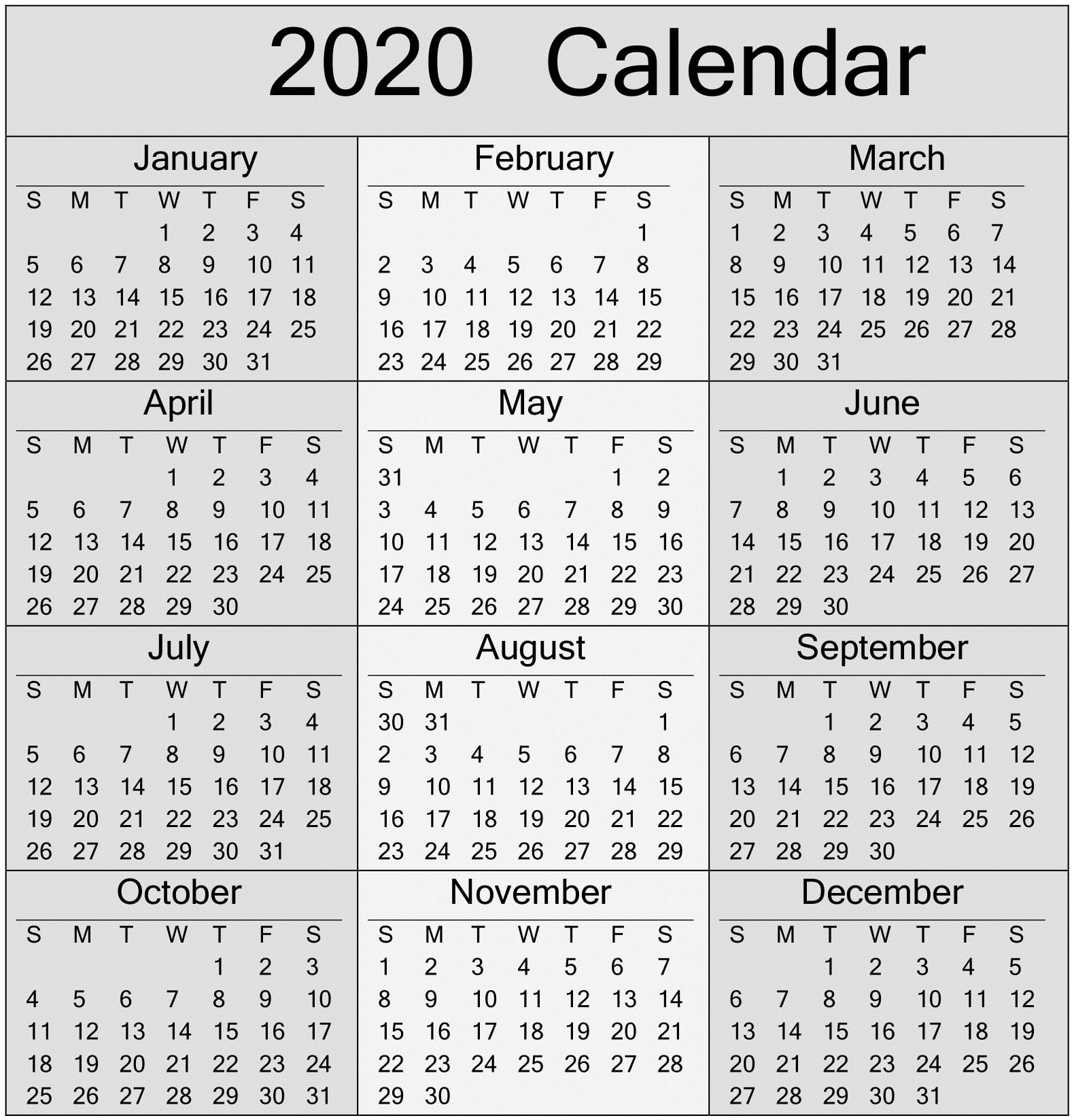 Free Printable Yearly 2020 Calendar And Holiday Templates