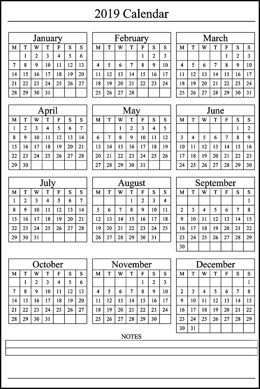 Free Yearly 12 Month Calendar One Page Template Printable