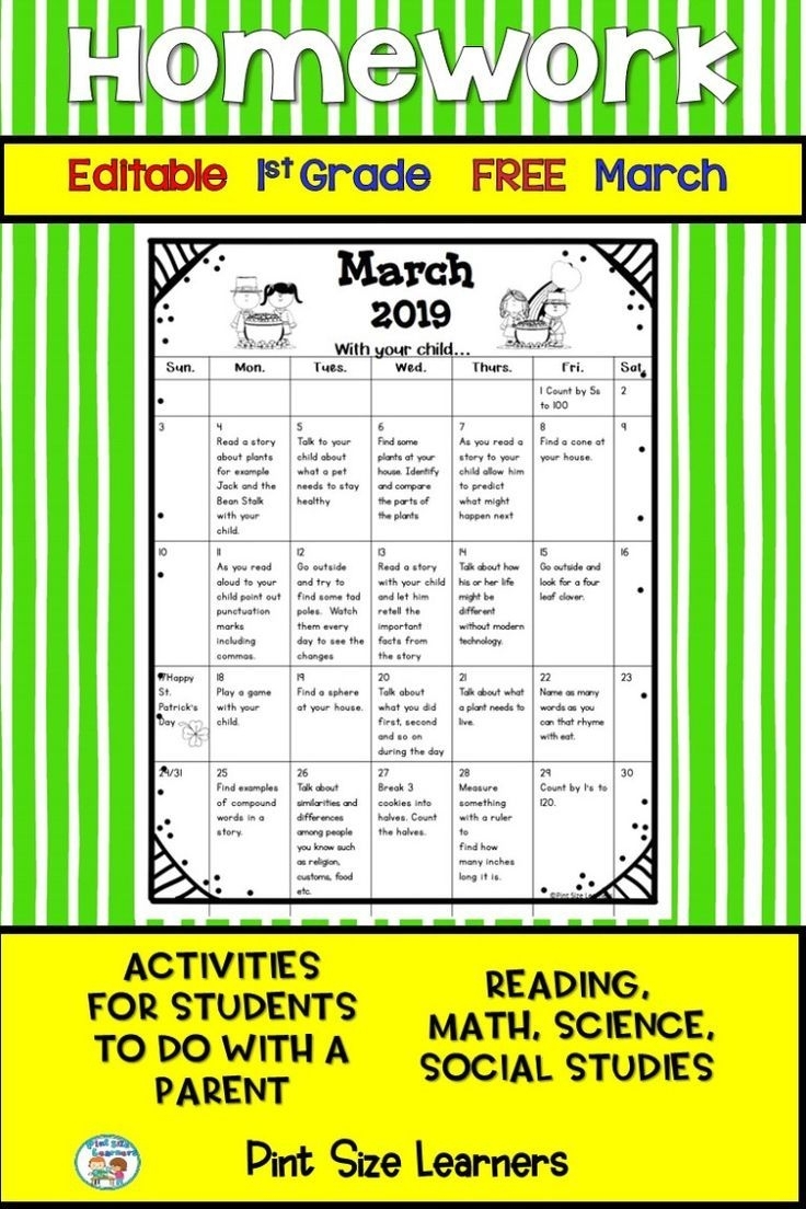 Get This Free Editable March Homework Calendar For Your