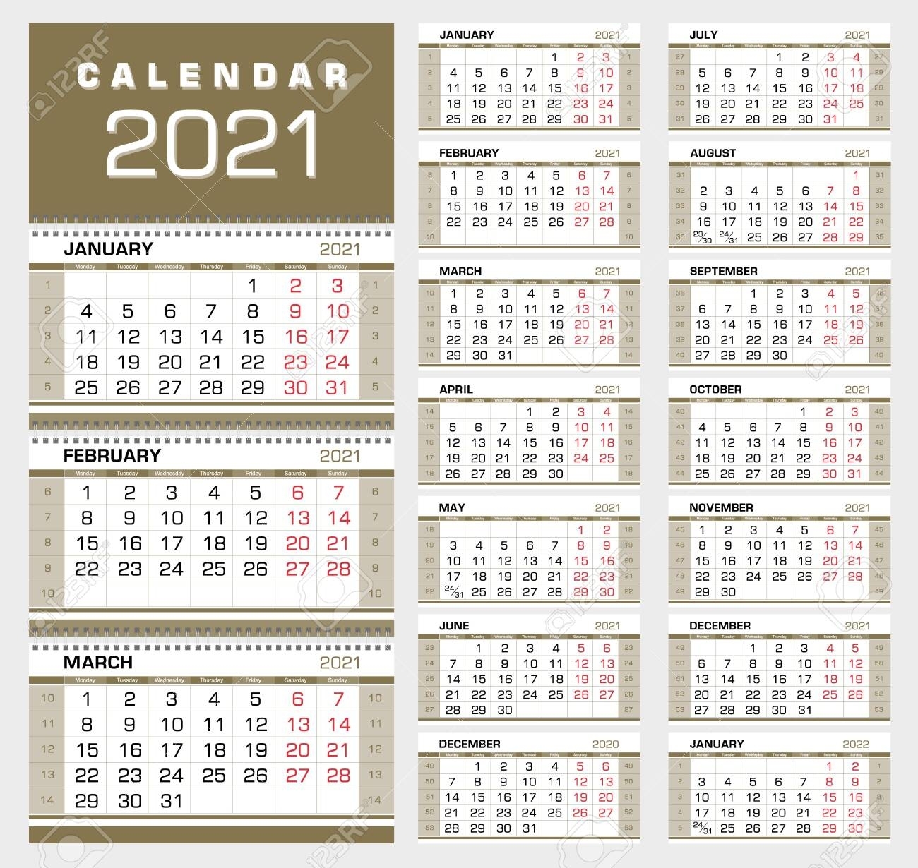 Gold Wall Quarterly Calendar 2021 With Week Numbers. Week Start..