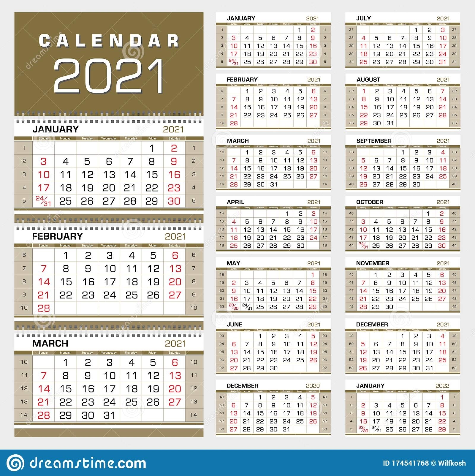 Gold Wall Quarterly Calendar 2021 With Week Numbers. Week