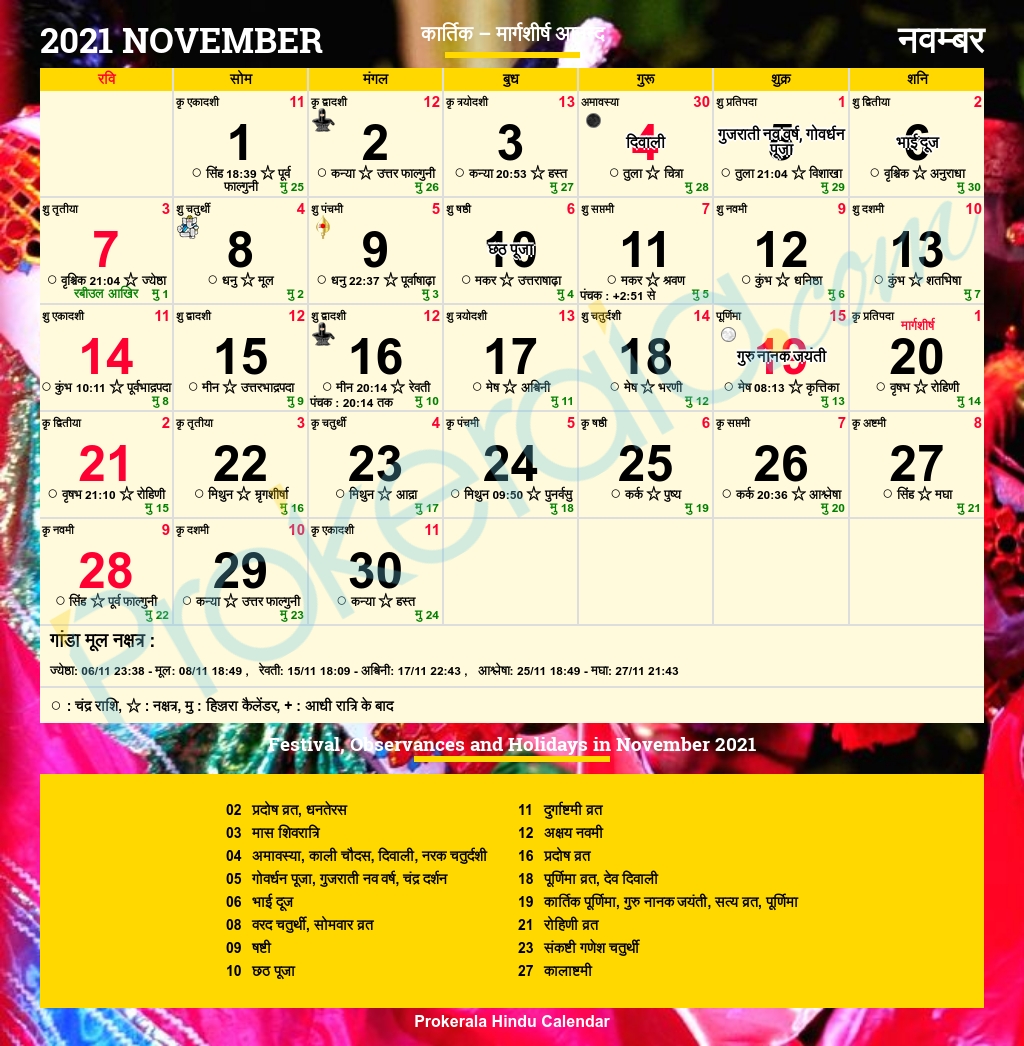 Hindu Calendar 2021, November