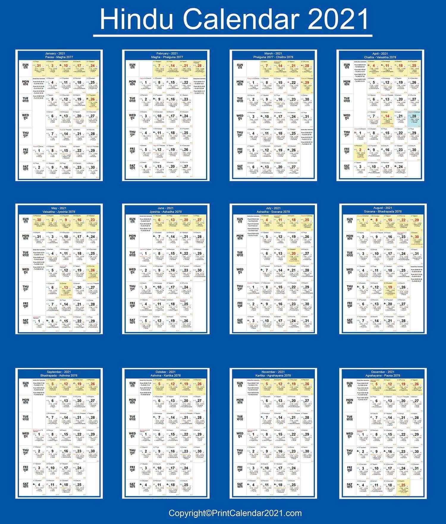 Hindu Calendar 2021 With Tithi [Panchang]
