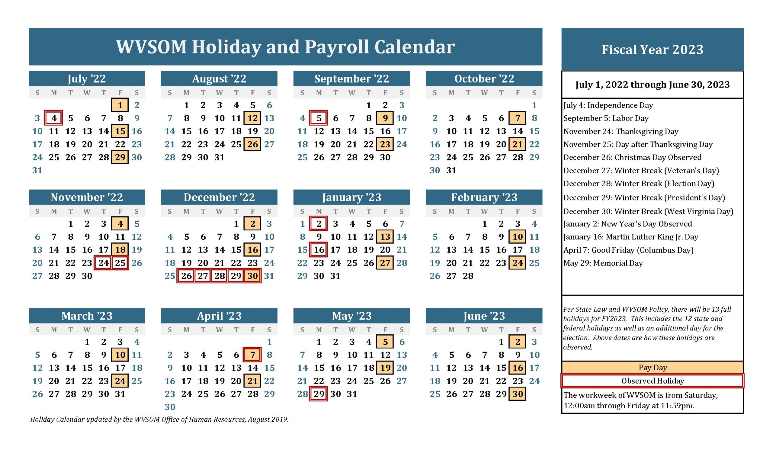 Human Resources - Holiday Calendar | West Virginia School Of