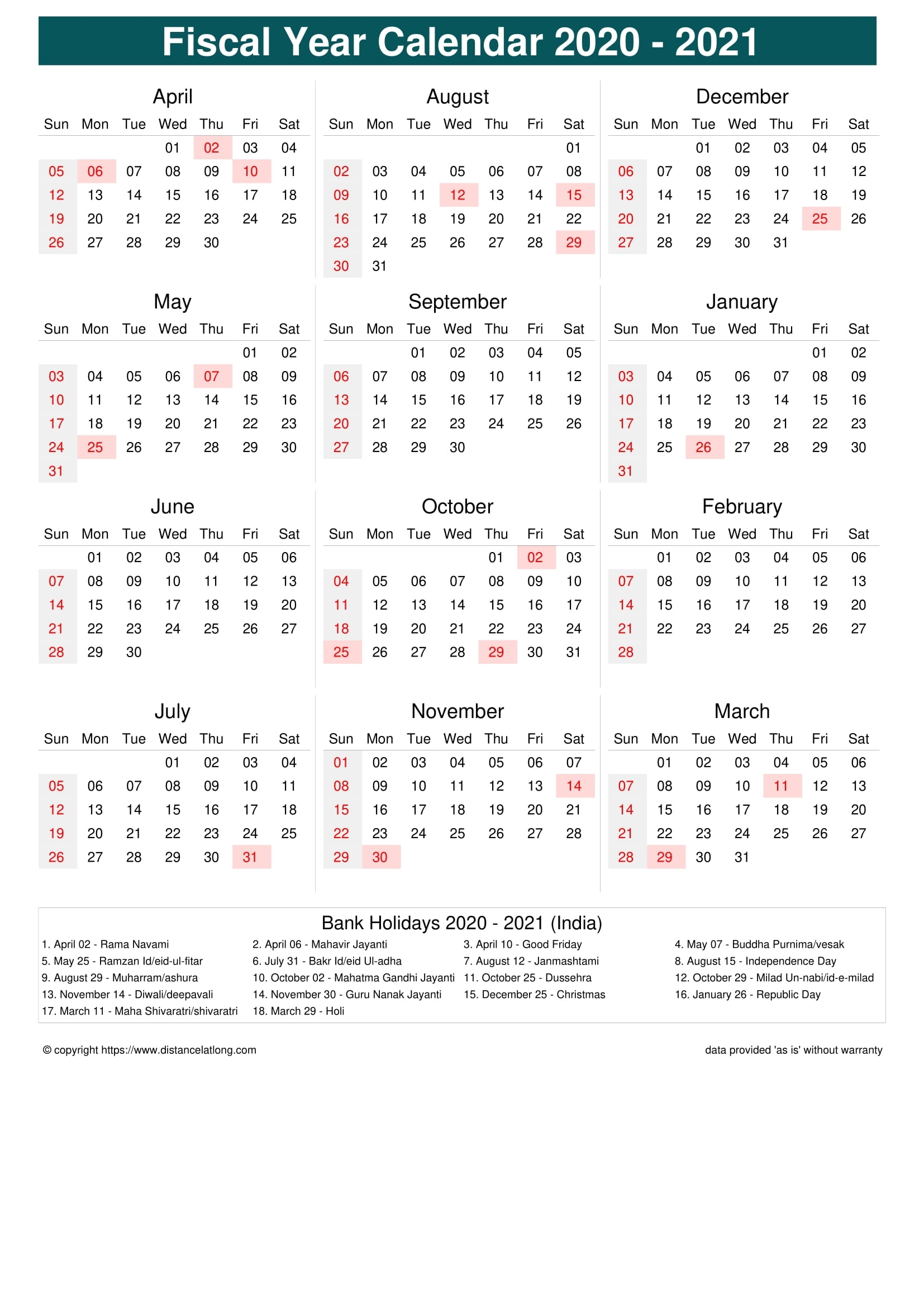 India Fiscal Year 2020-2021 Calendar Templates, Free