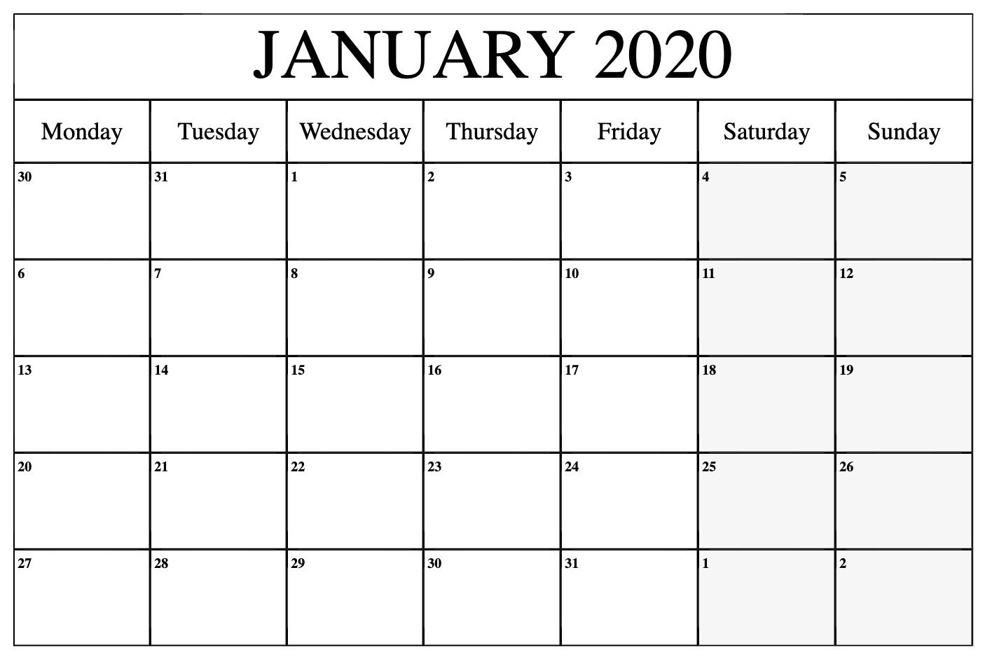 January 2020 Calendar Printable Monday #2020Calendar