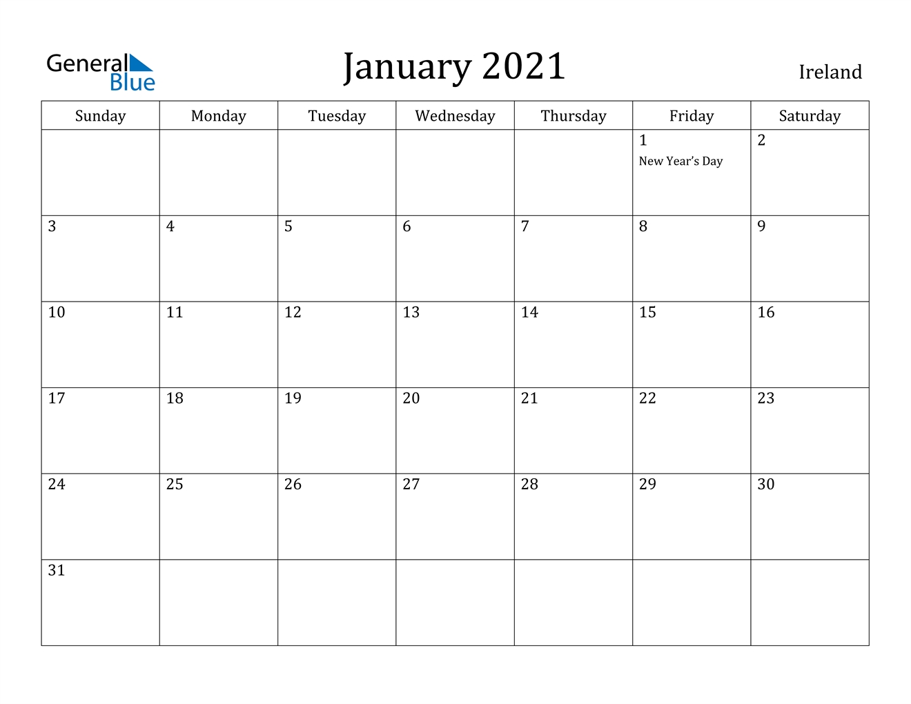 January 2021 Calendar - Ireland