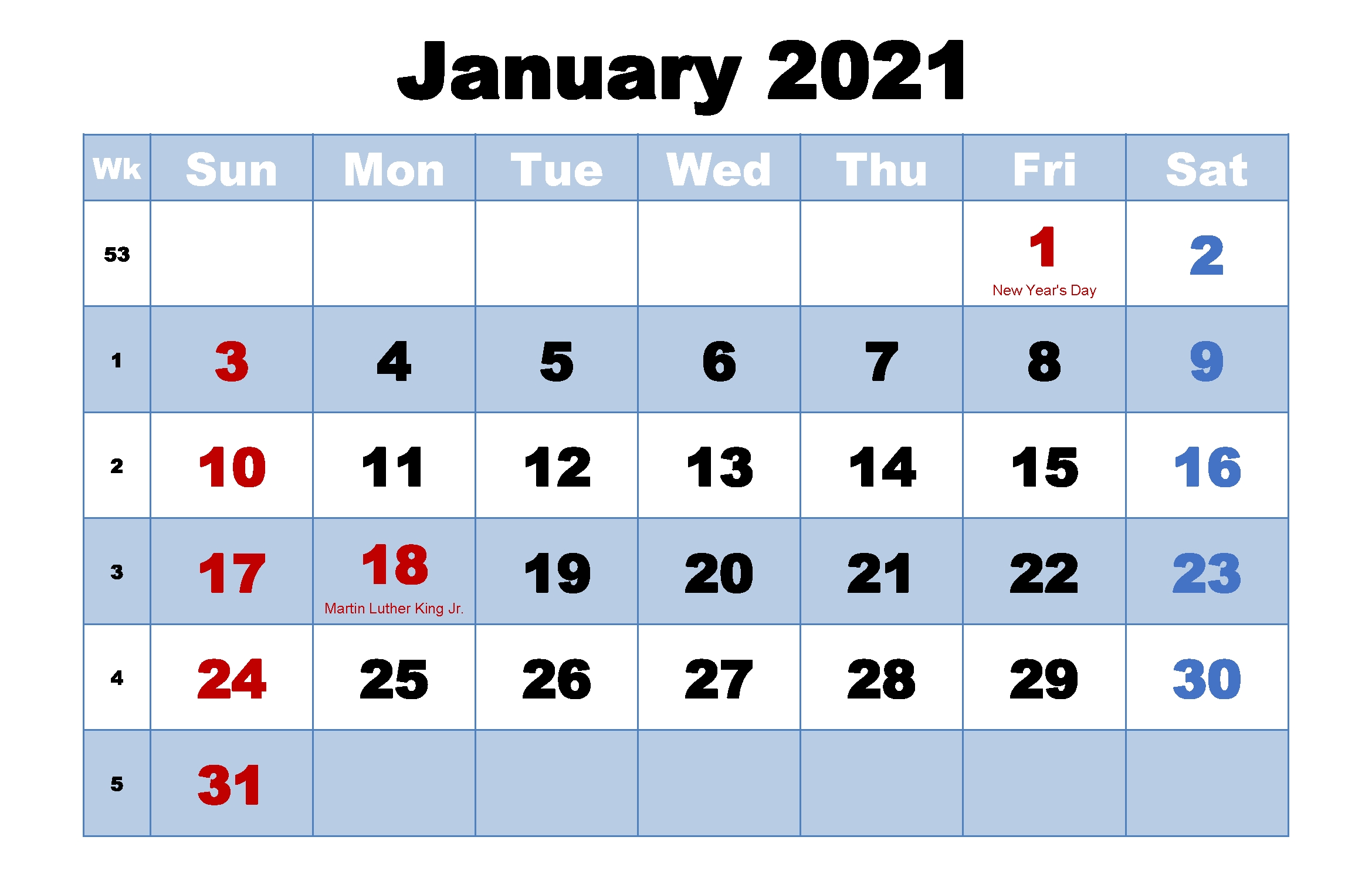 January 2021 Calendar Pdf, Word, Excel Printable Templates