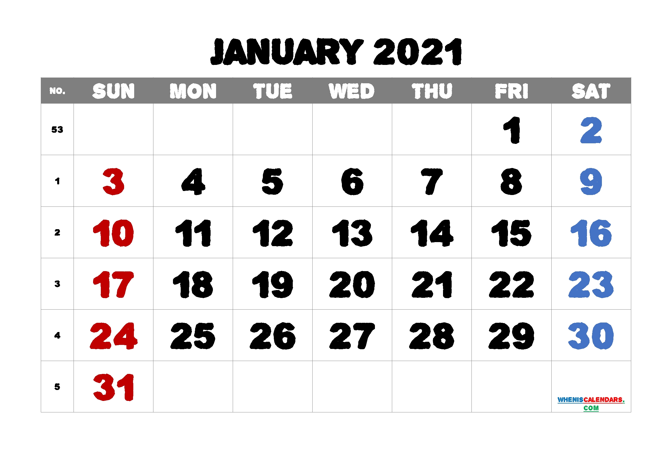 January 2021 Calendar Printable Free | Template