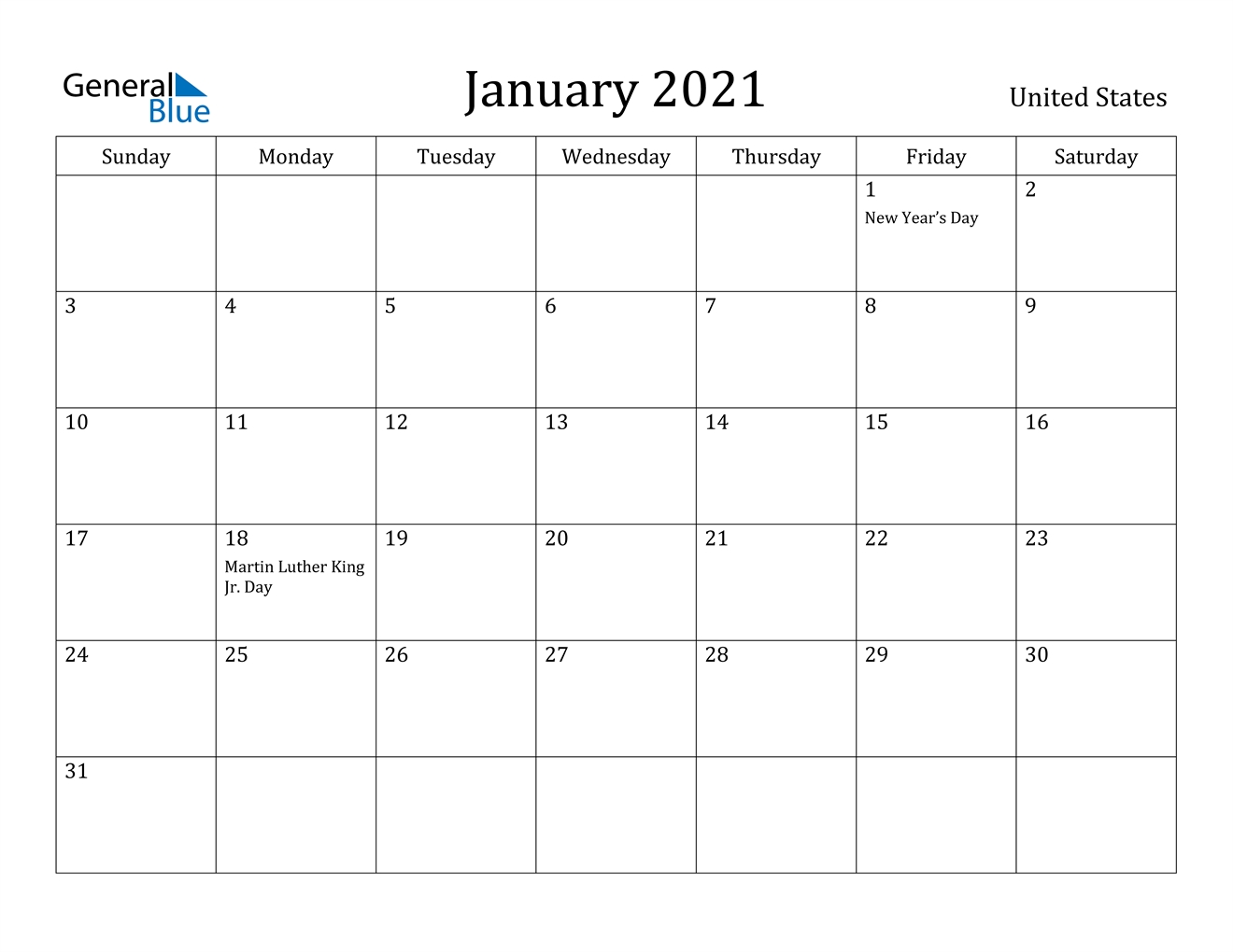 January 2021 Calendar - United States