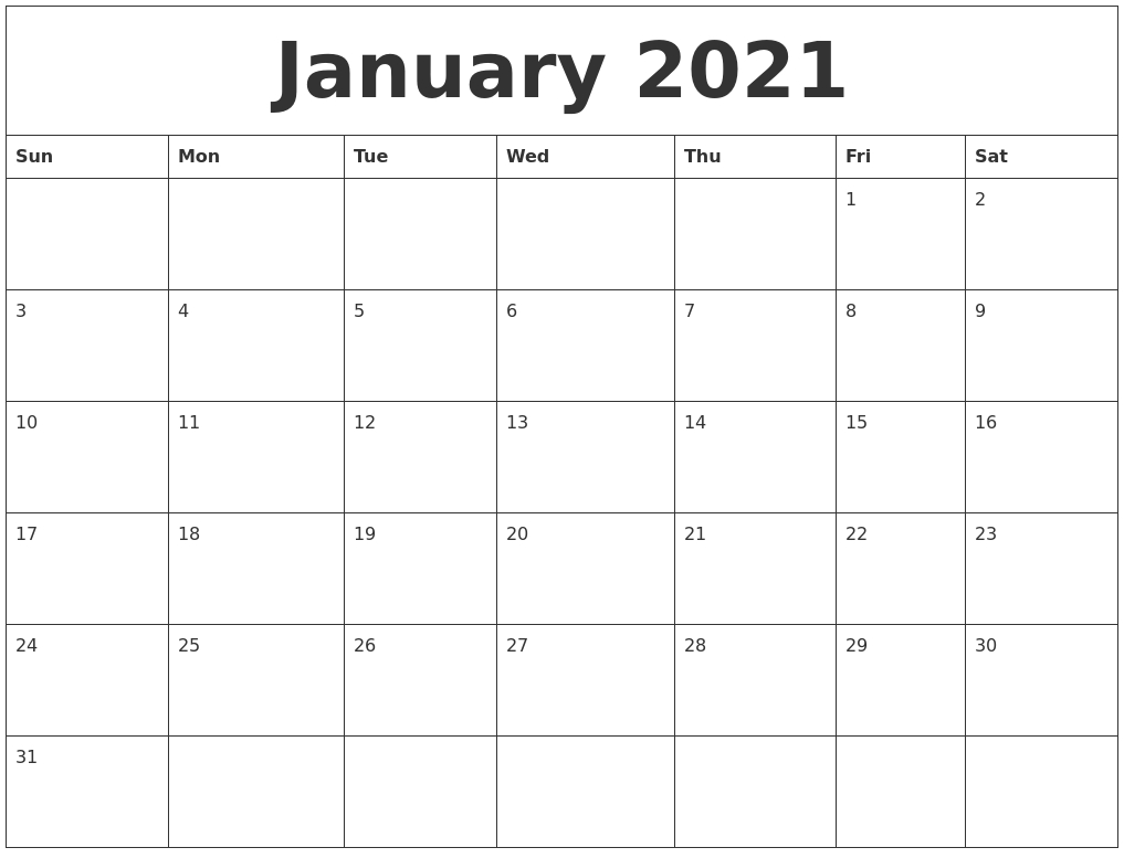 January 2021 Free Printable Monthly Calendar