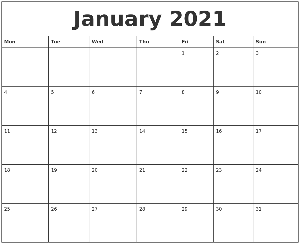 January 2021 Free Printable Weekly Calendar