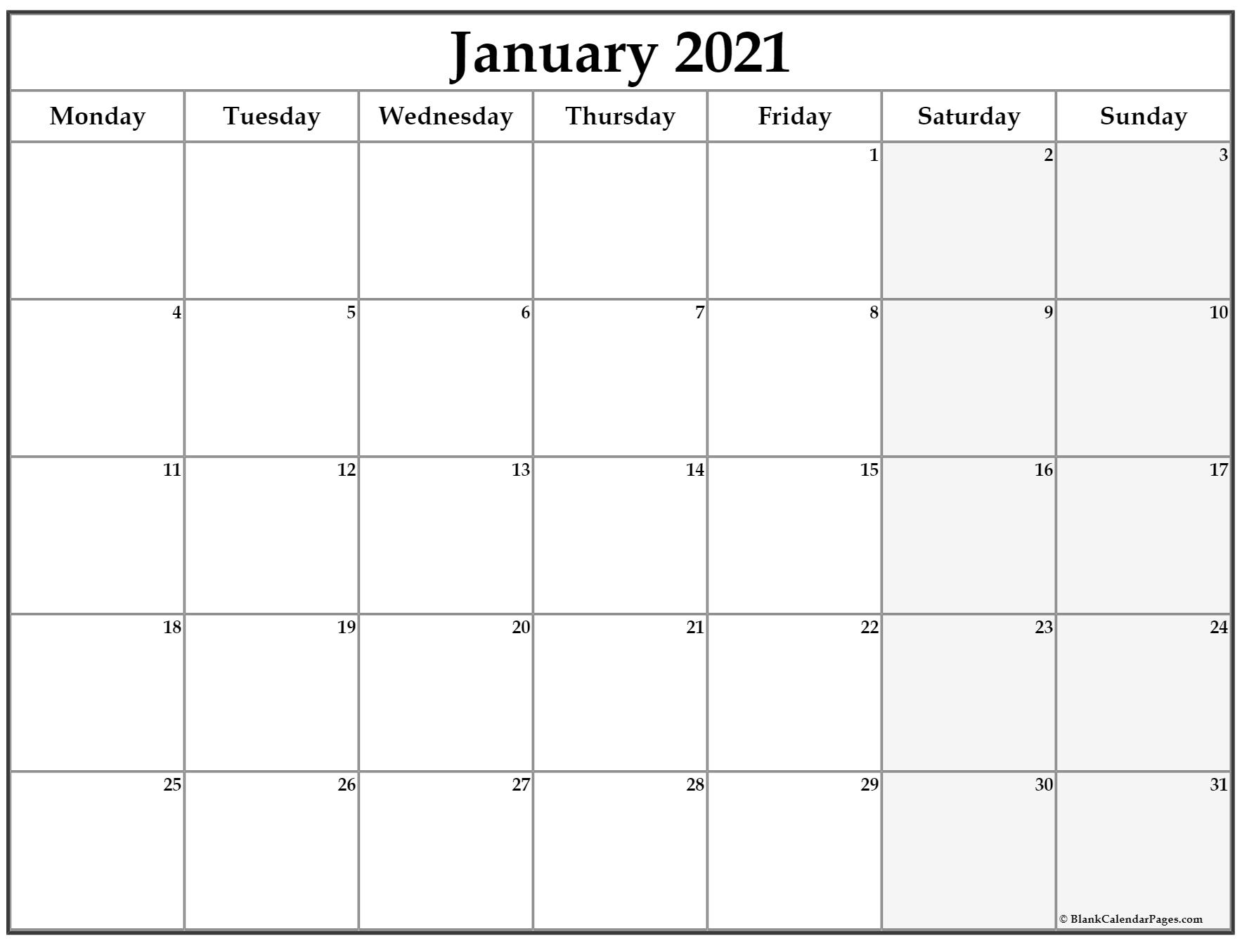 January 2021 Monday Calendar | Monday To Sunday