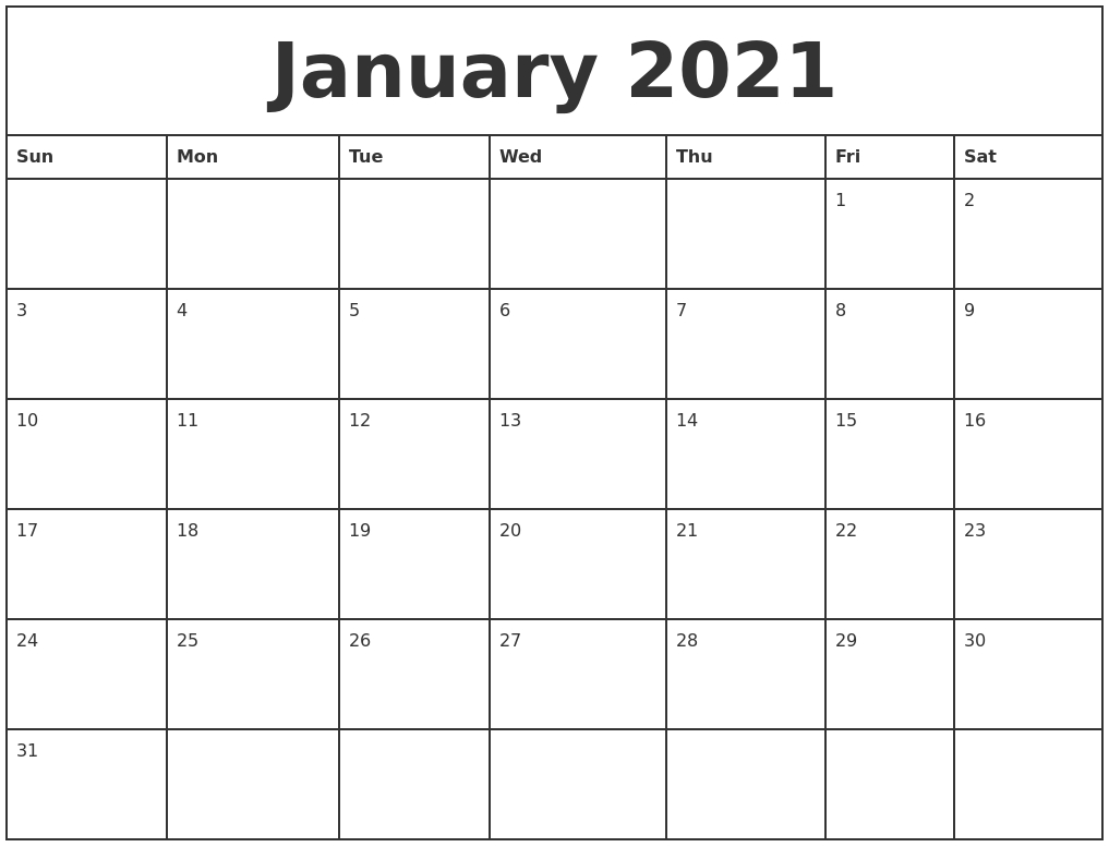 January 2021 Printable Monthly Calendar