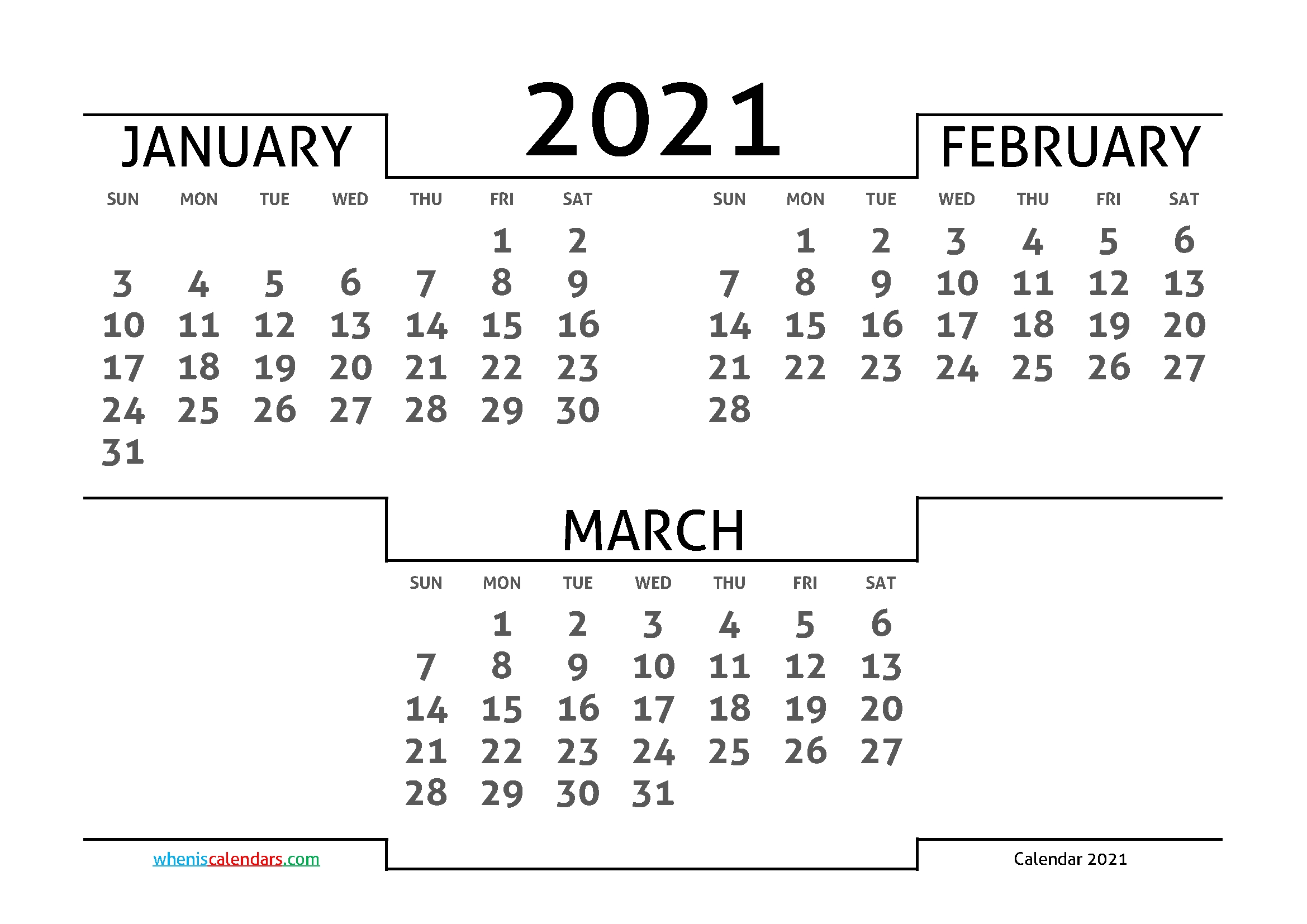 January February March 2021 Printable Calendar | 3 Month