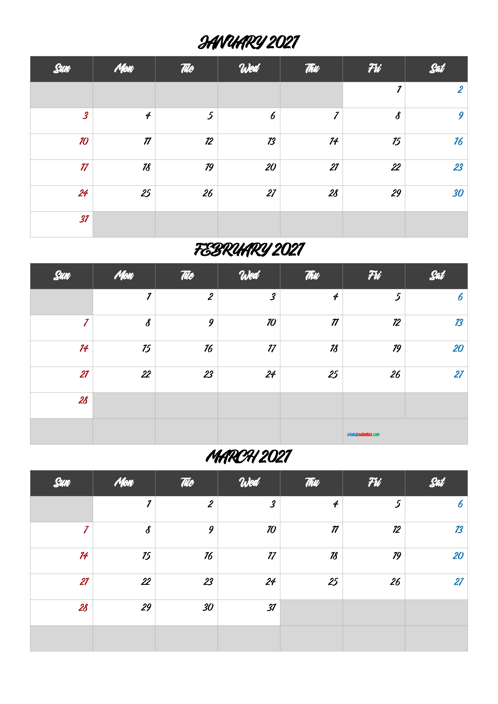 January February March 2021 Printable Calendar [Q1-Q2-Q3-Q4