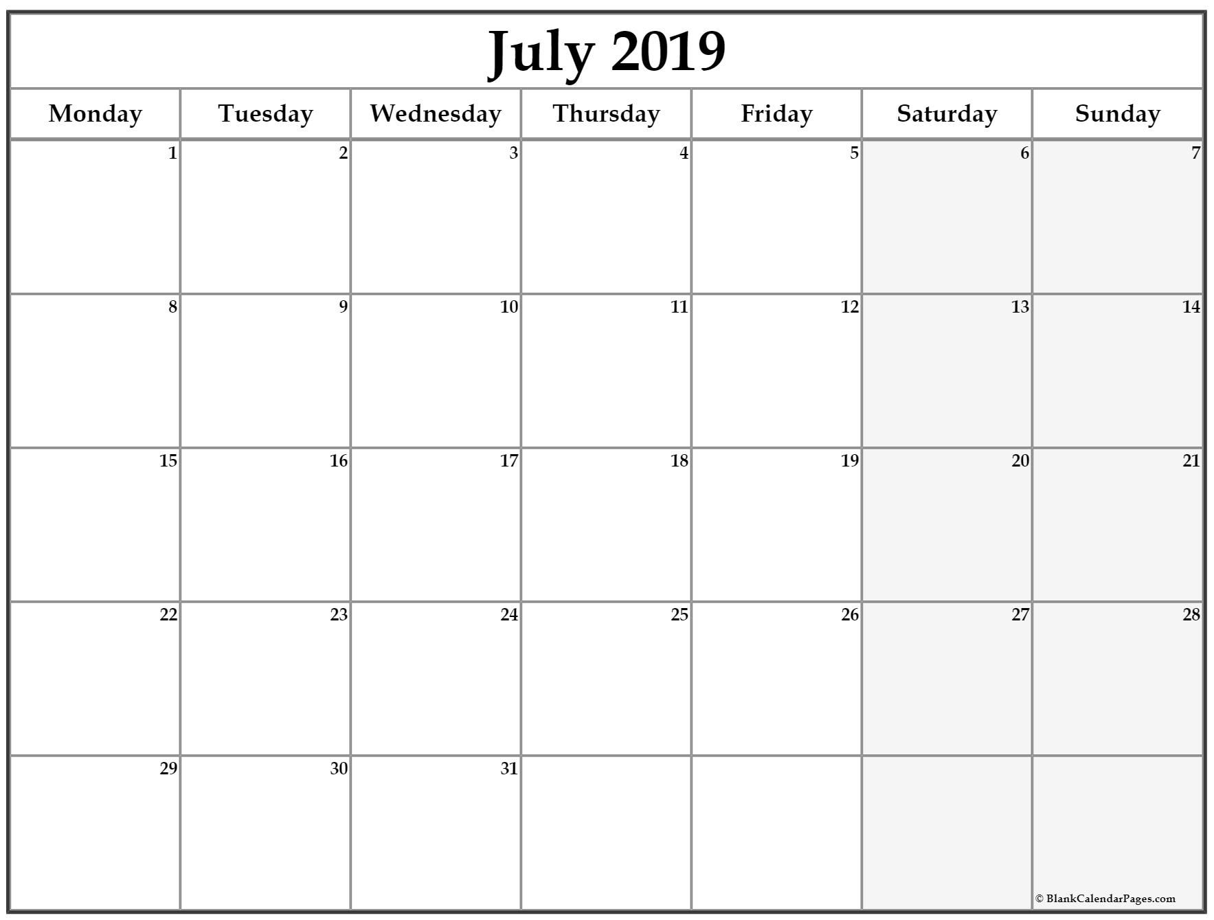 July 2019 Monday Calendar. Monday To Sunday | Monthly