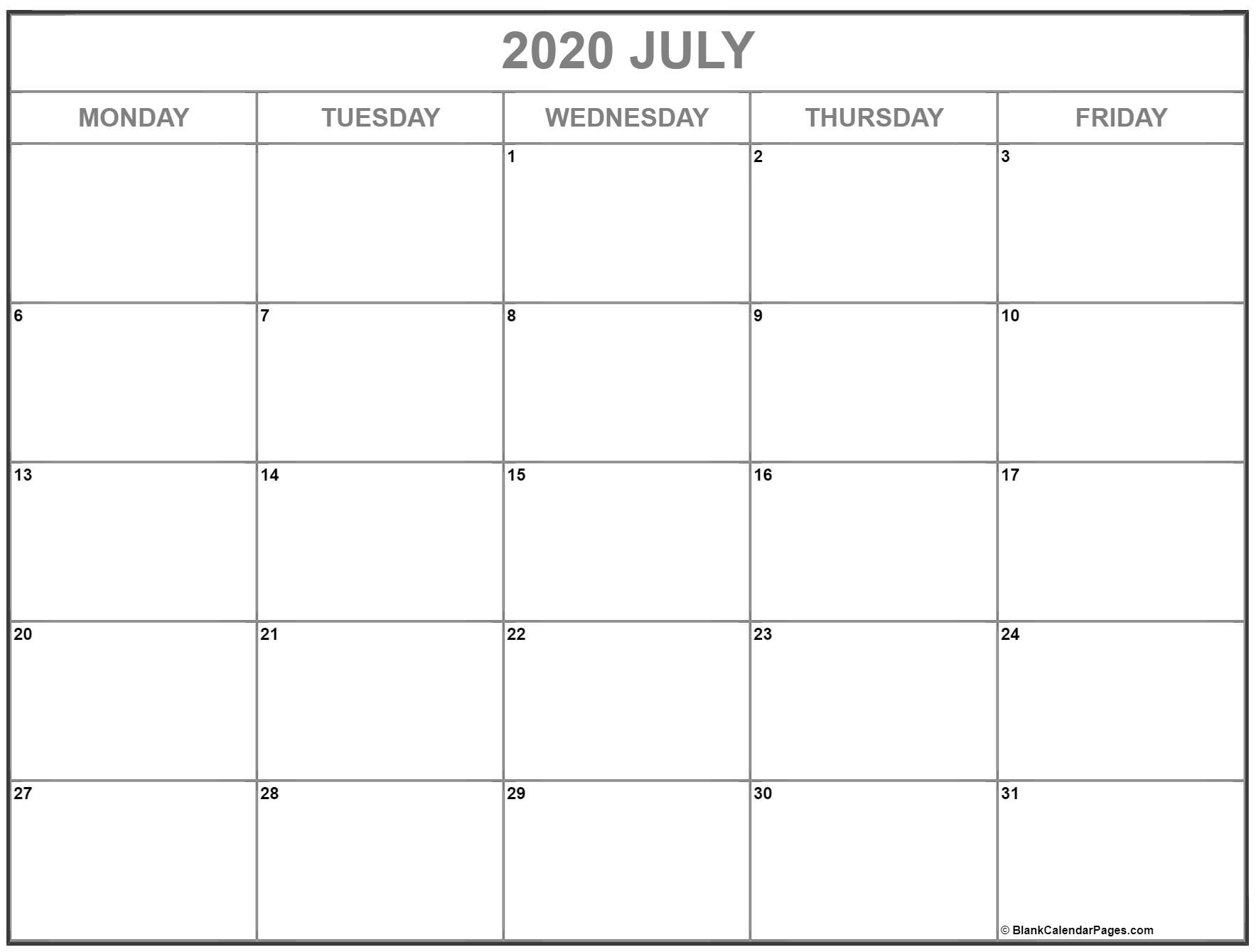 July 2020 Monday Calendar | Monday To Sunday