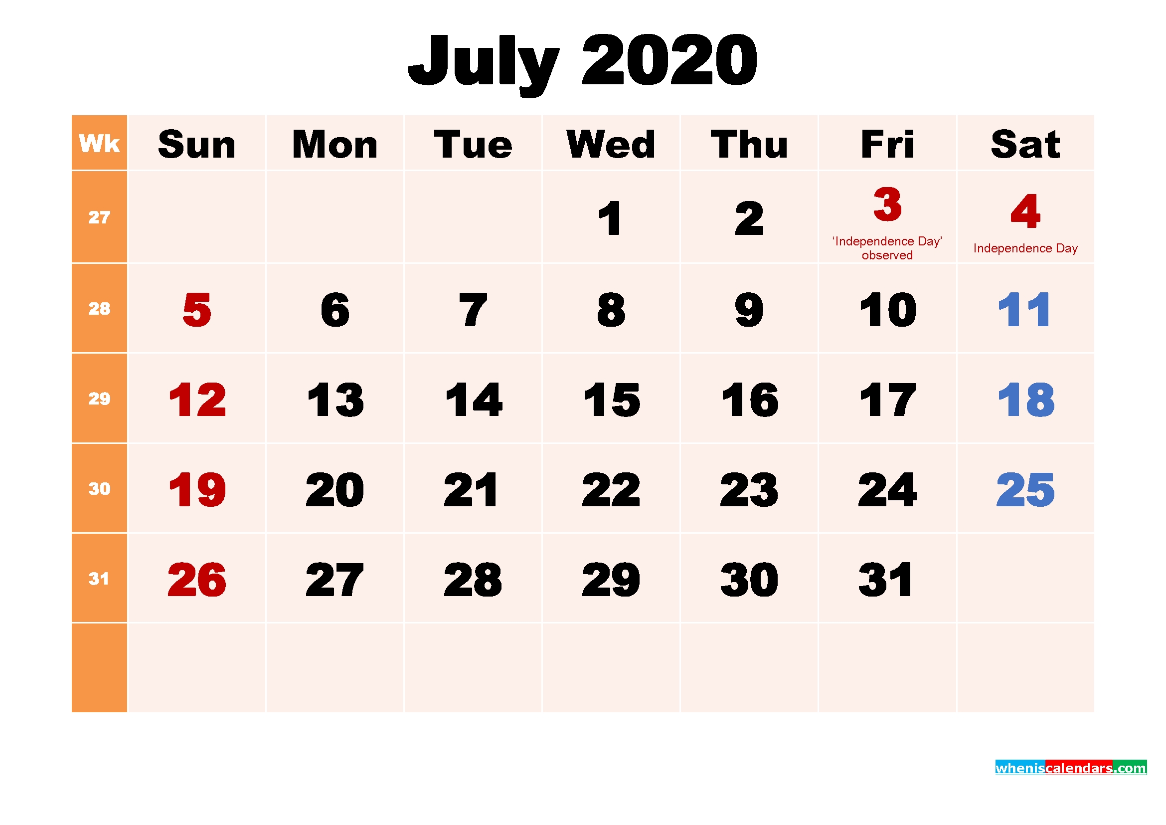 July 2020 Printable Calendar With Holidays Word, Pdf – Free