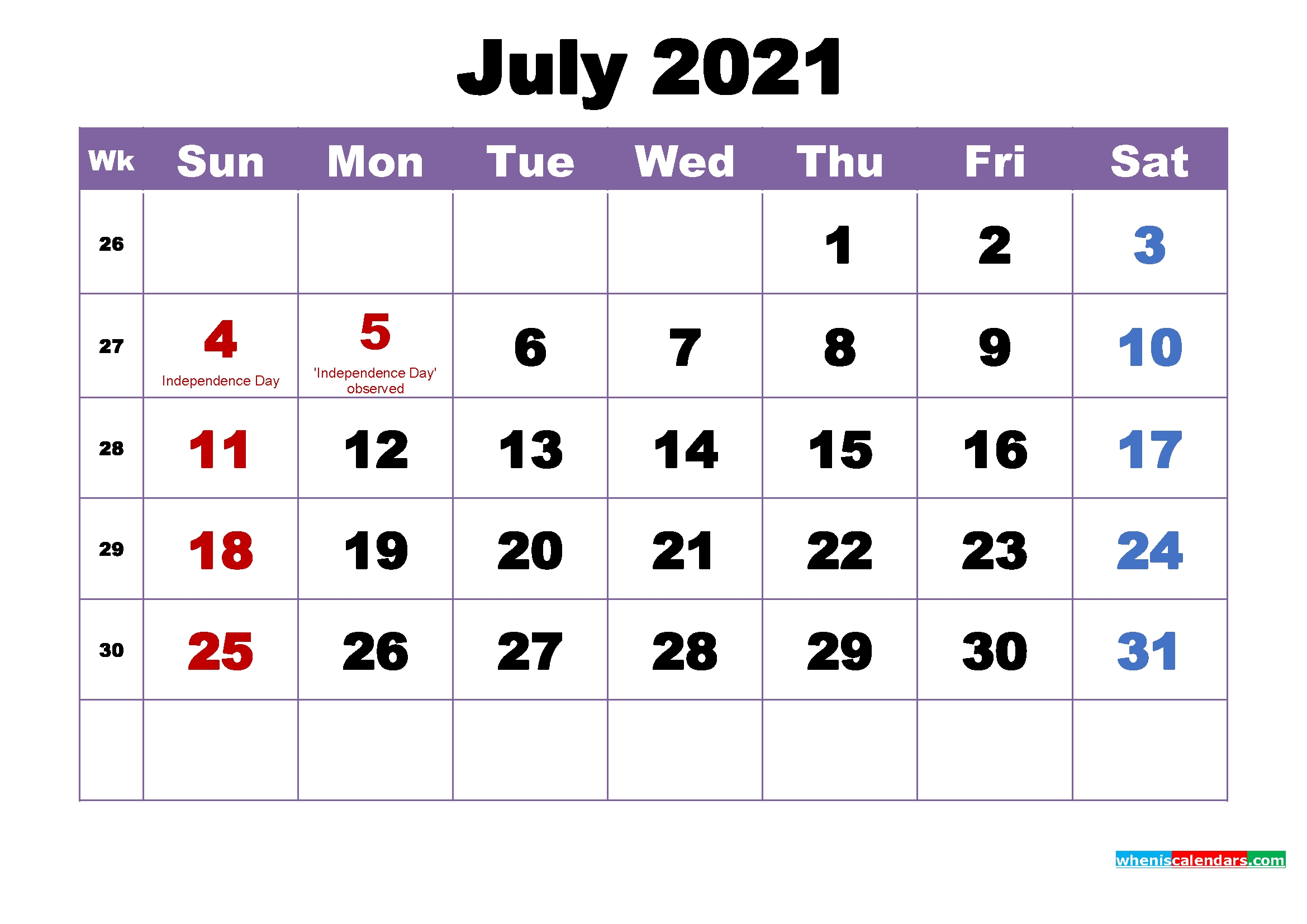 July 2021 Calendar With Holidays Printable – Free 2020 And