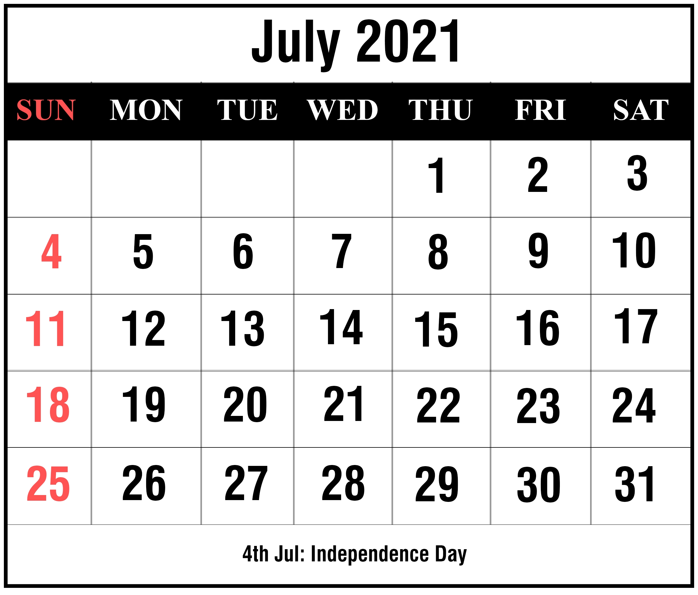 July 2021 Calendar With Holidays | Printable July Calendar