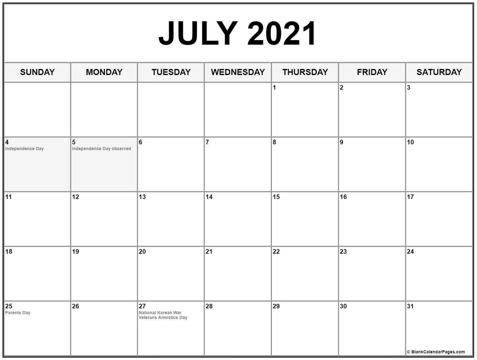 July 2021 Calendar With Holidays