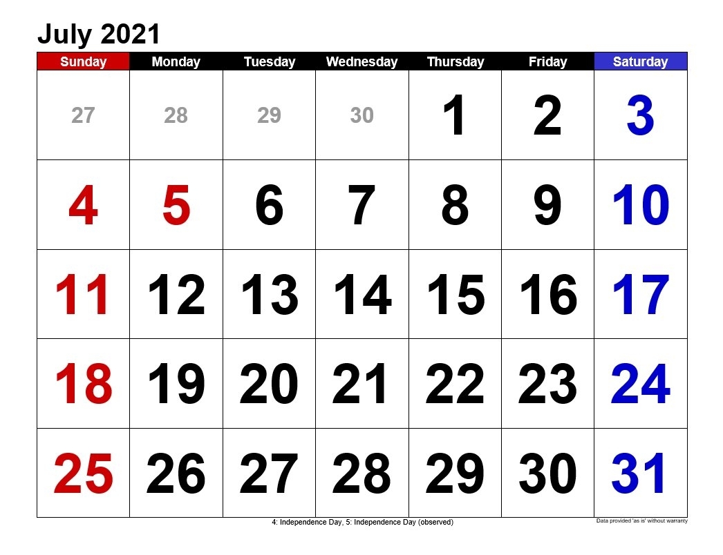 July 2021 Calendars Landscape Format | 2021Printablecalendar